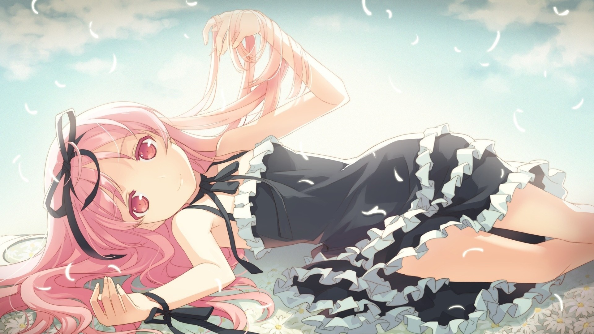 Anime 1920x1080 anime girls anime pink hair pink eyes long hair looking at viewer lying down smiling