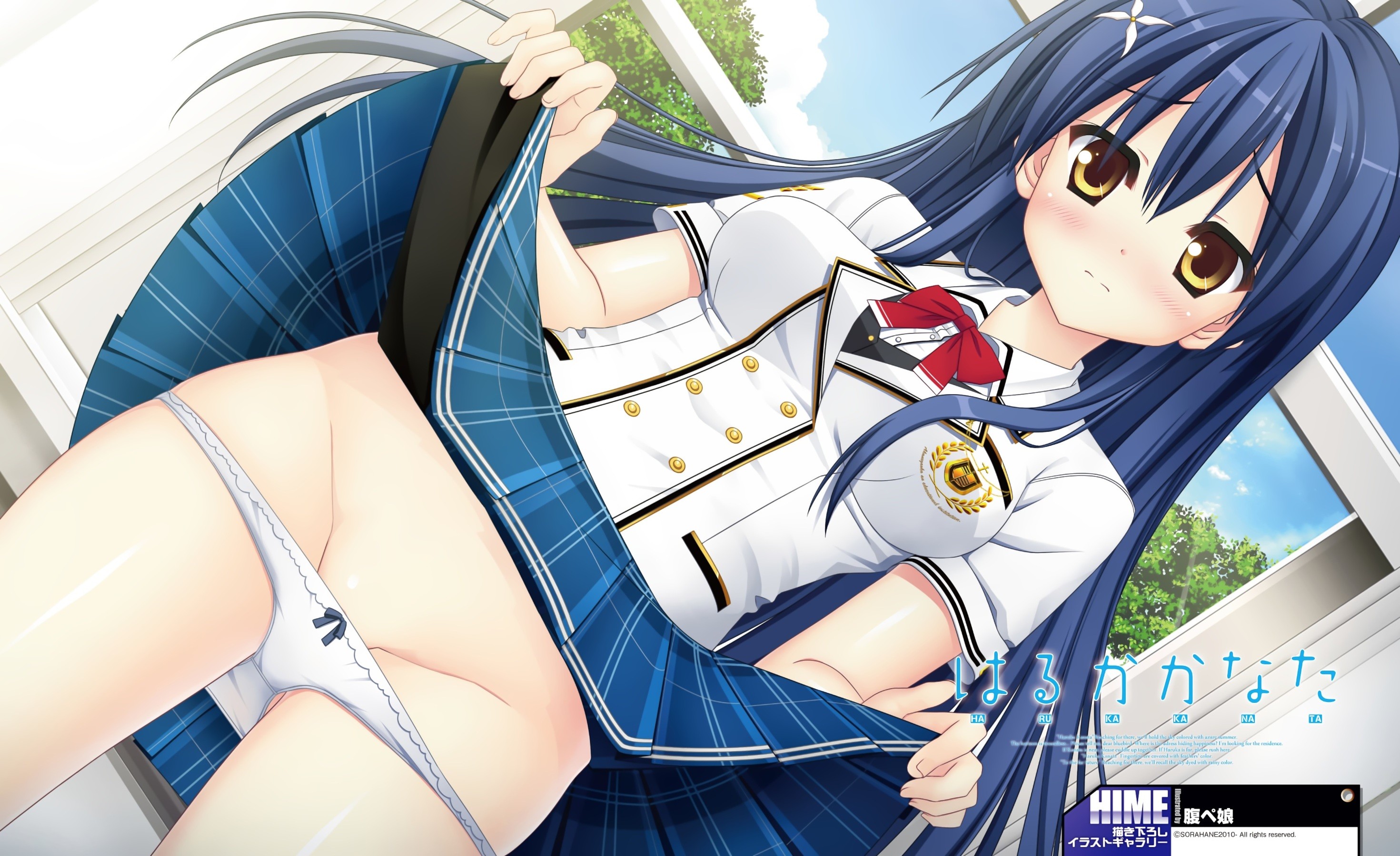 Anime 2941x1800 school uniform lifting skirt anime girls panties blue hair yellow eyes white panties long hair anime
