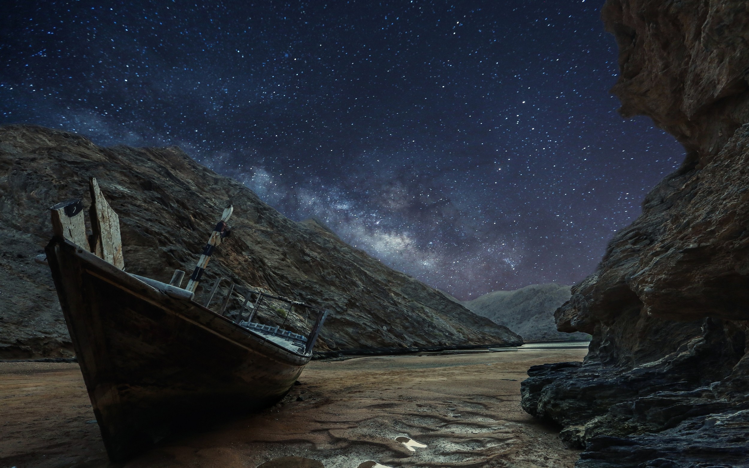 General 2500x1563 nature landscape starry night boat Milky Way puddle sand long exposure wreck vehicle sky stars rocks