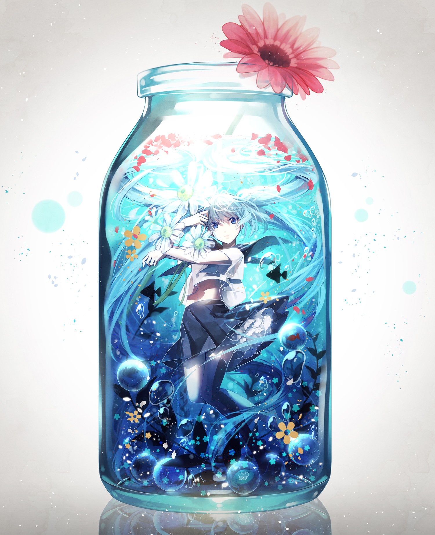 Anime 1500x1845 Vocaloid Hatsune Miku long hair twintails school uniform skirt thigh-highs bottles water bubbles flowers petals simple background anime girls anime blue white background