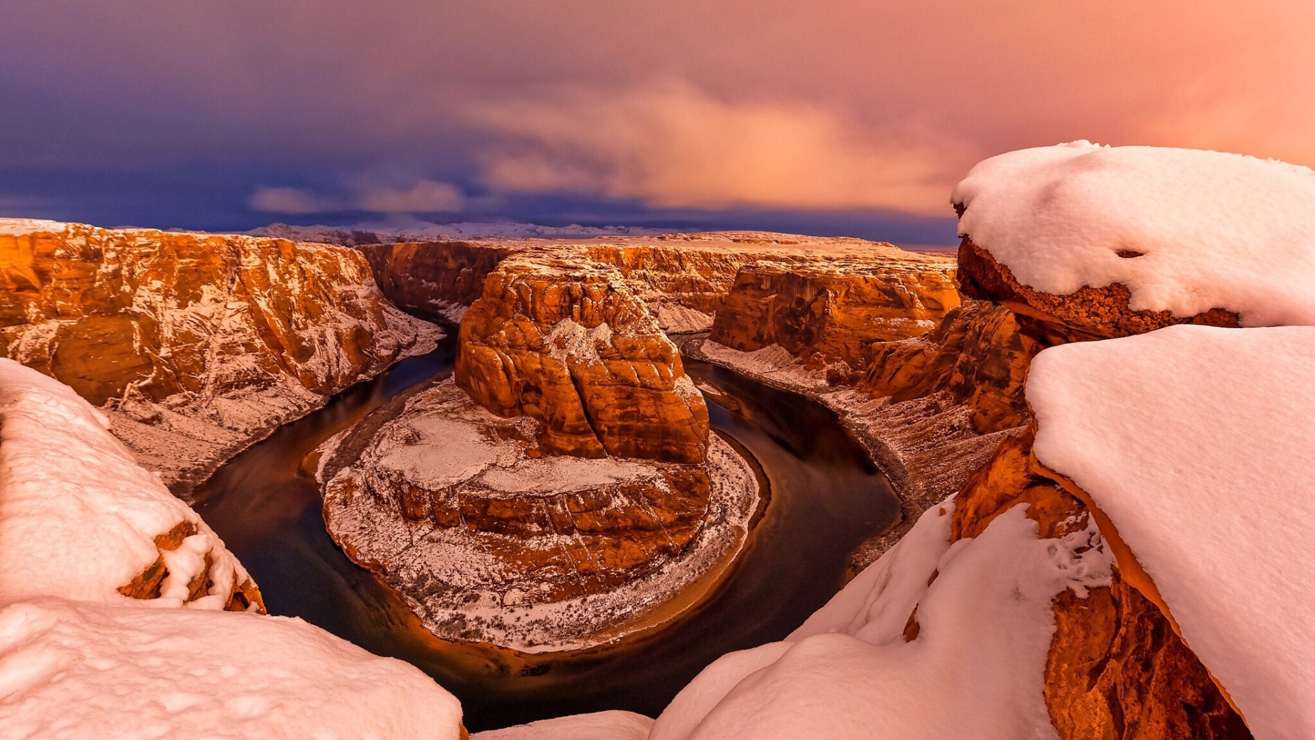General 1920x1080 nature landscape mountains clouds hills canyon Arizona USA river winter snow rocks rock formation ice cold Horseshoe Bend