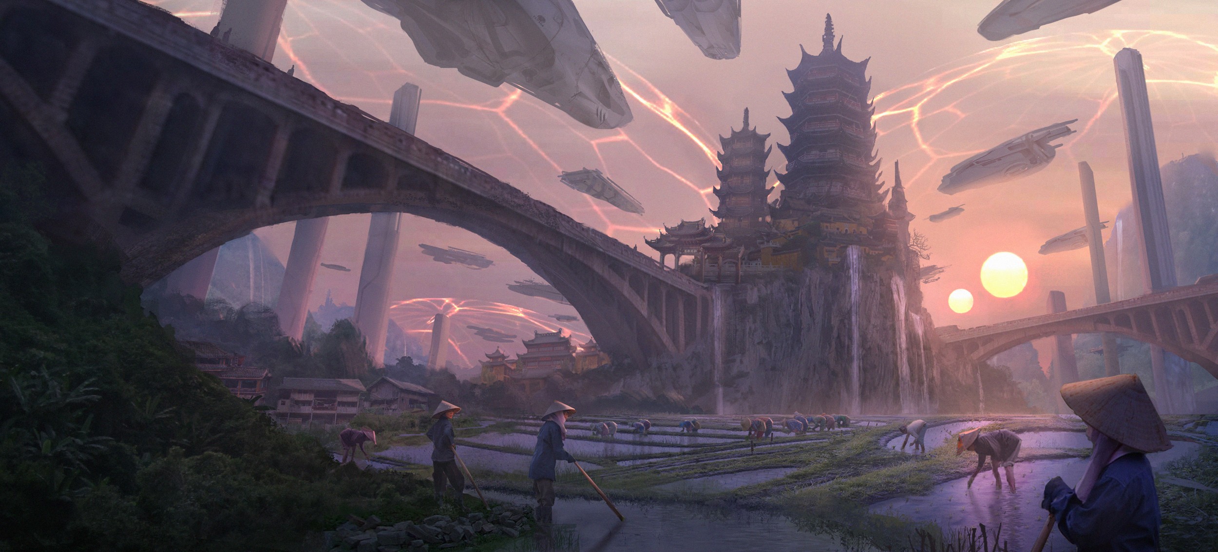 General 2500x1134 science fiction palace futuristic city artwork Agro (Plants) vehicle sky