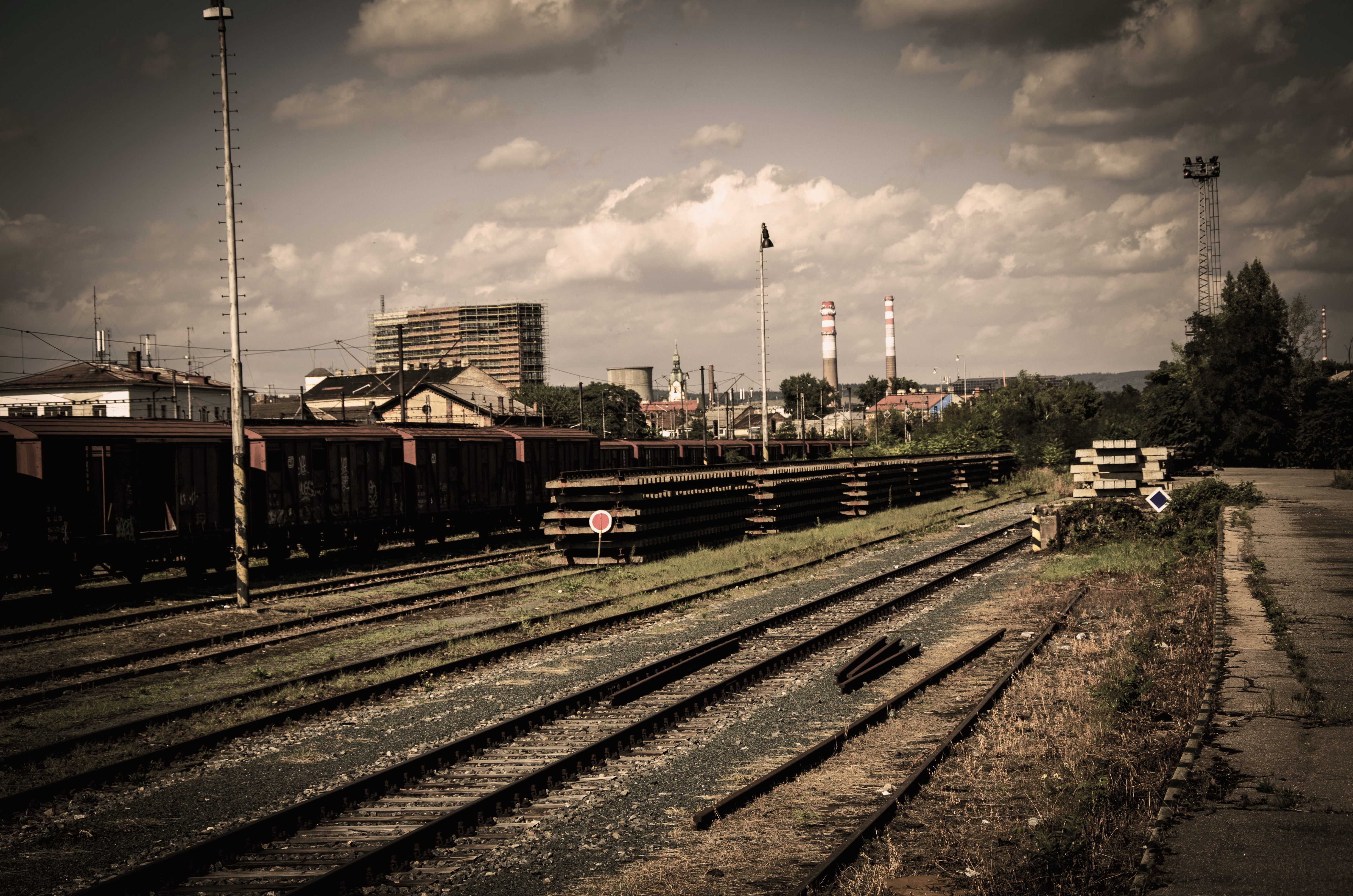 General 4928x3264 train train station old rail yard sky clouds Pripyat abandoned railway muted ruins Chernobyl Ukraine