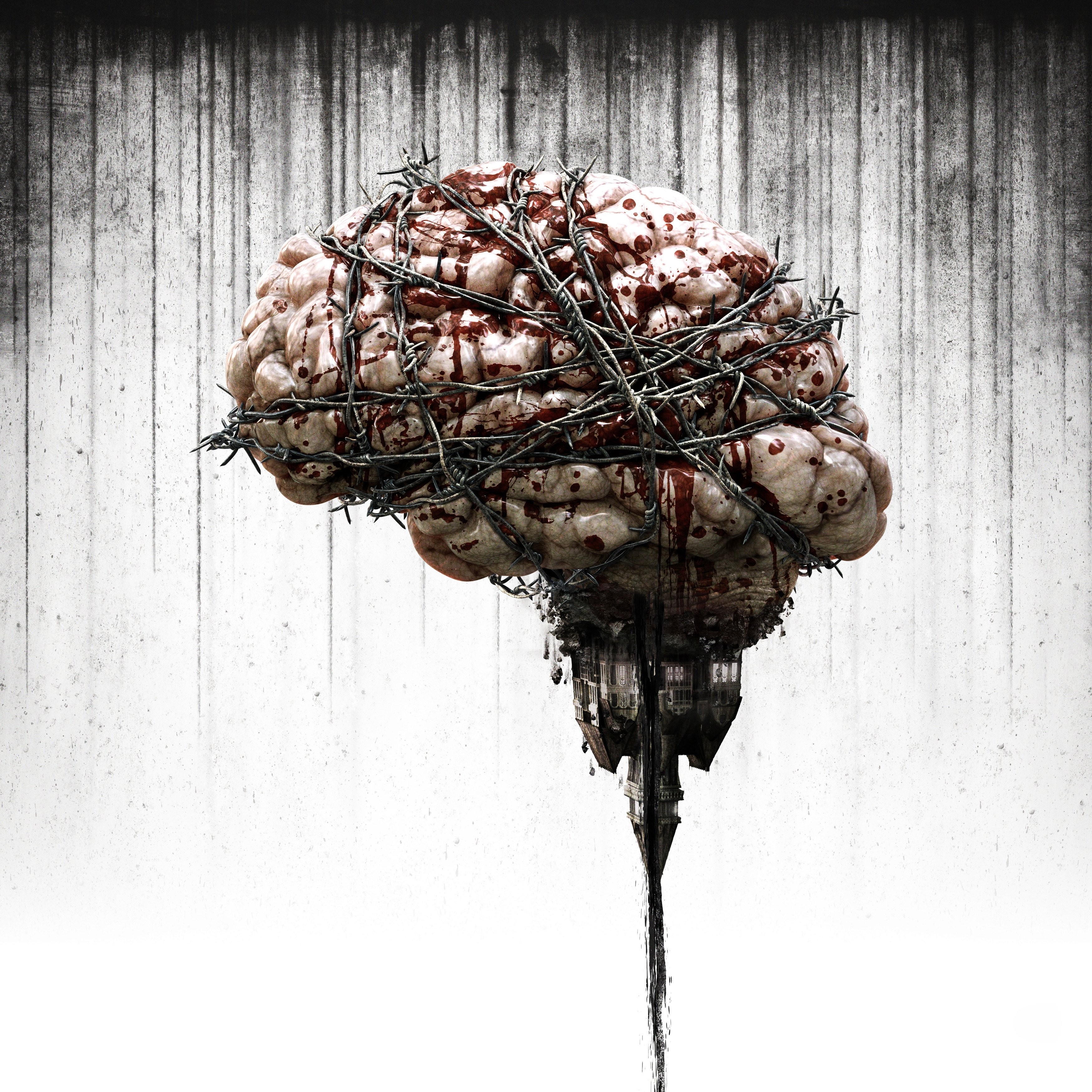 General 3500x3500 digital art brain The Evil Within video games barbed wire blood rocks old building house upside down simple background Bethesda Softworks Video Game Horror