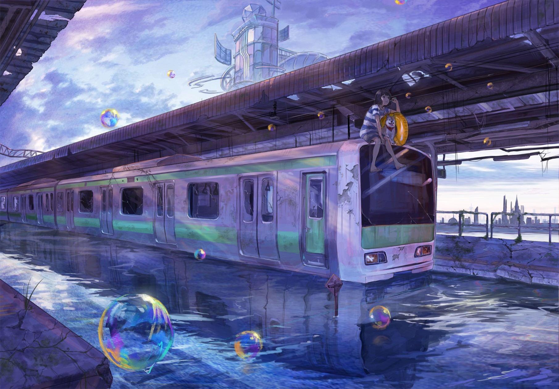 Anime 1811x1260 water bubbles anime girls dog subway anime vehicle sitting