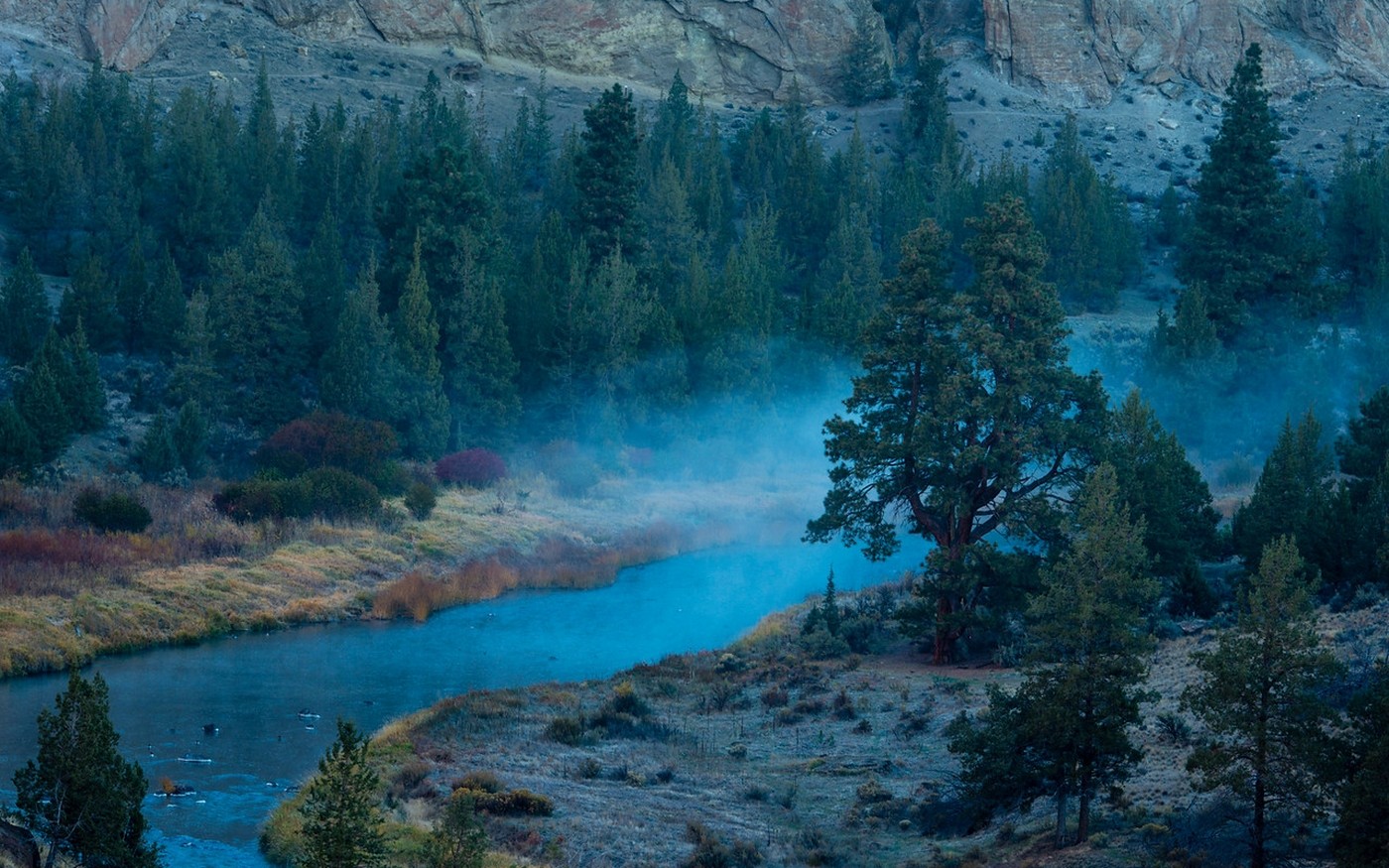 General 1400x875 mist river morning forest Oregon nature trees hills landscape turquoise water shrubs mountains grass blue USA