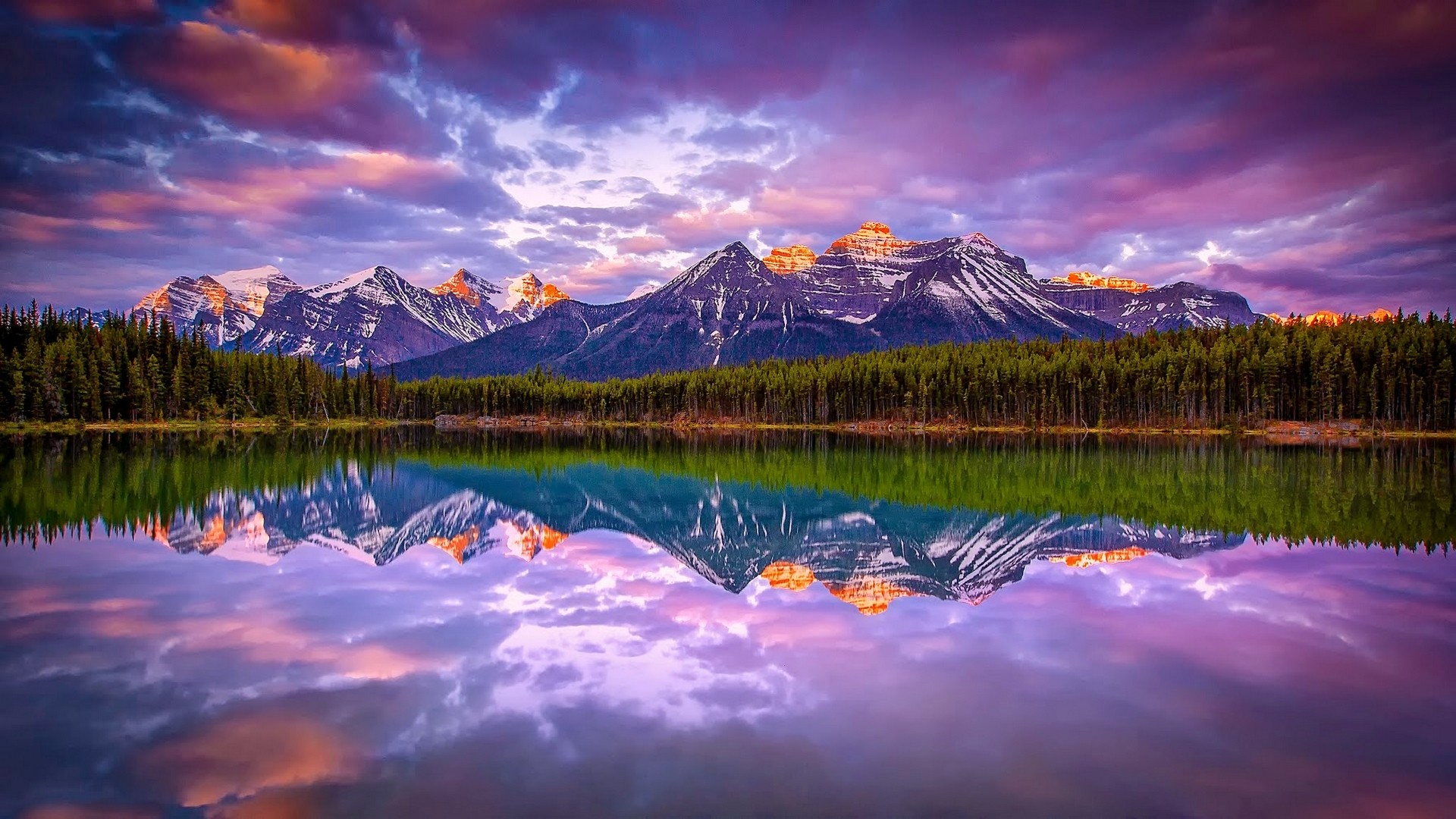 General 1920x1080 lake mountains forest nature landscape Canada snowy peak clouds reflection water calm