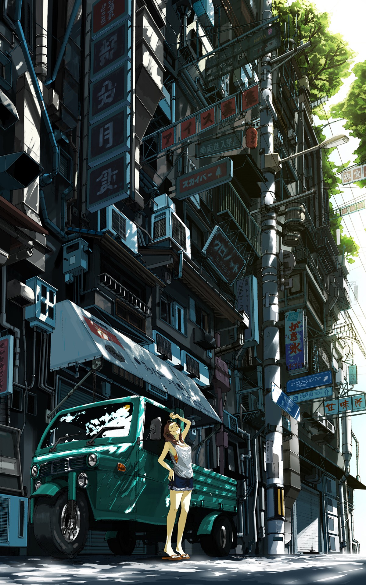 Anime 1200x1920 city drawing artwork anime anime girls women women outdoors women with cars car vehicle arms up standing Asia urban green cars