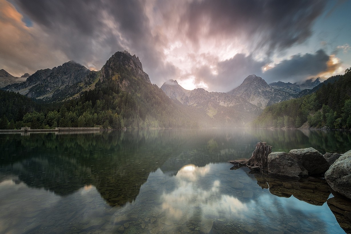 General 1230x820 nature landscape lake mountains reflection mist forest clouds water sky
