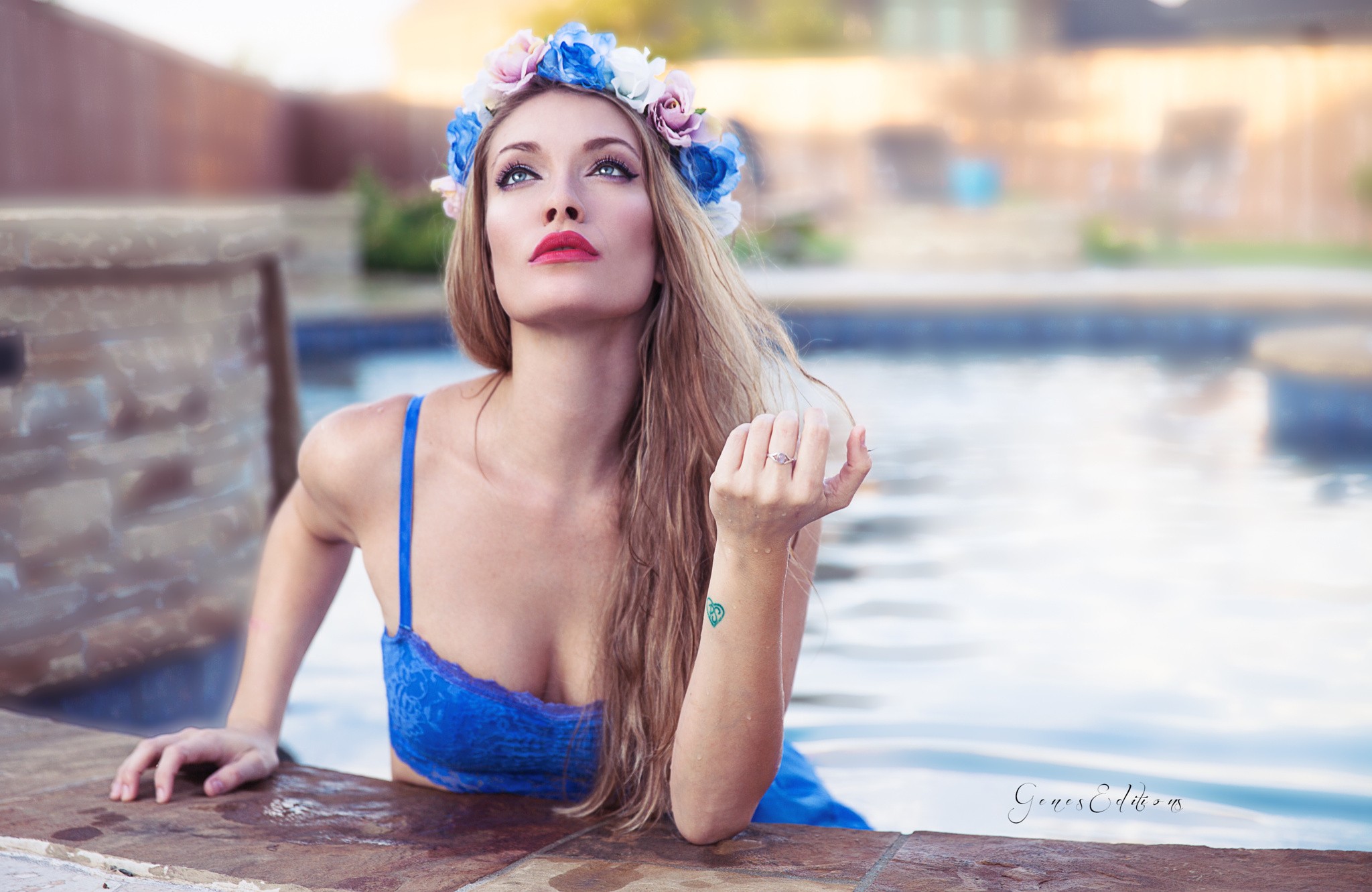People 2048x1331 women model blonde blue eyes red lipstick cleavage lingerie makeup lipstick flower crown women outdoors outdoors looking up inked girls heart (tattoo)