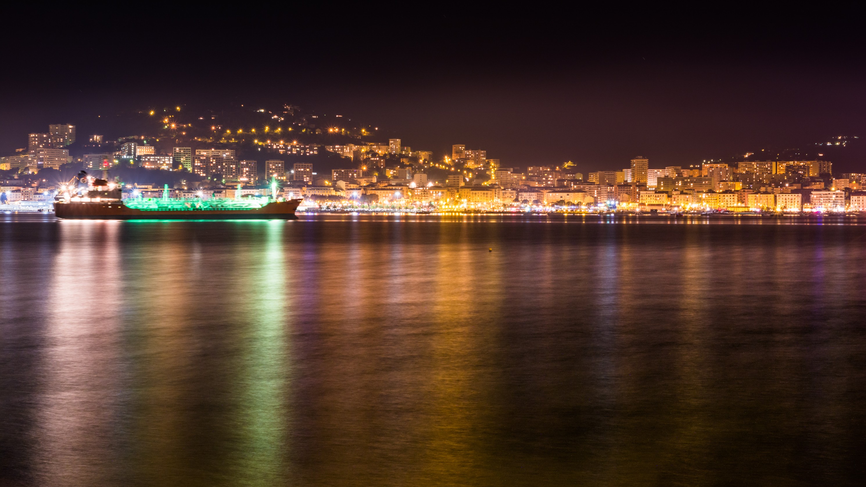 General 2981x1677 Ajaccio sea night lighter colorful cityscape lights vehicle ship city lights low light