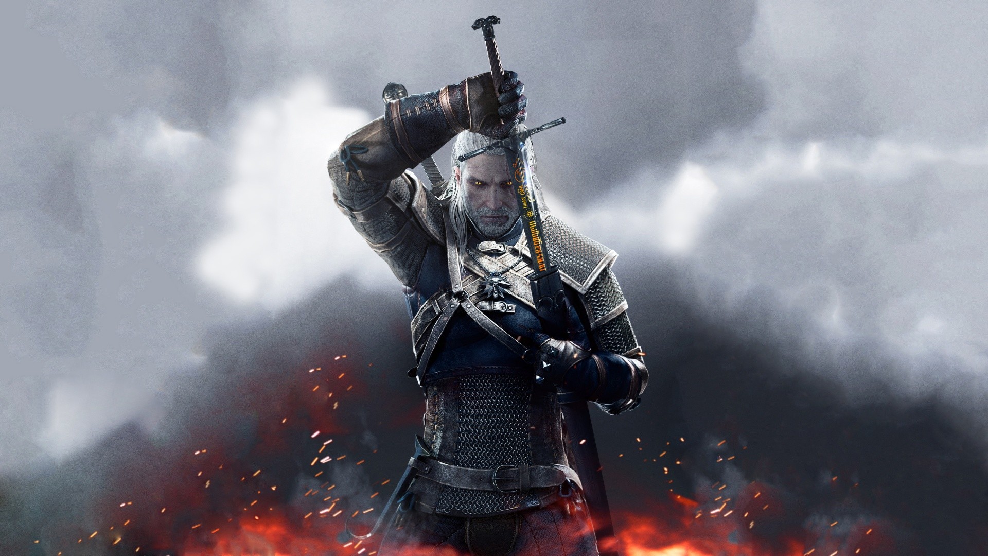 General 1920x1080 video games The Witcher 3: Wild Hunt sword video game art The Witcher looking at viewer frontal view video game characters Video Game Heroes RPG video game men fantasy art fantasy men PC gaming CD Projekt RED
