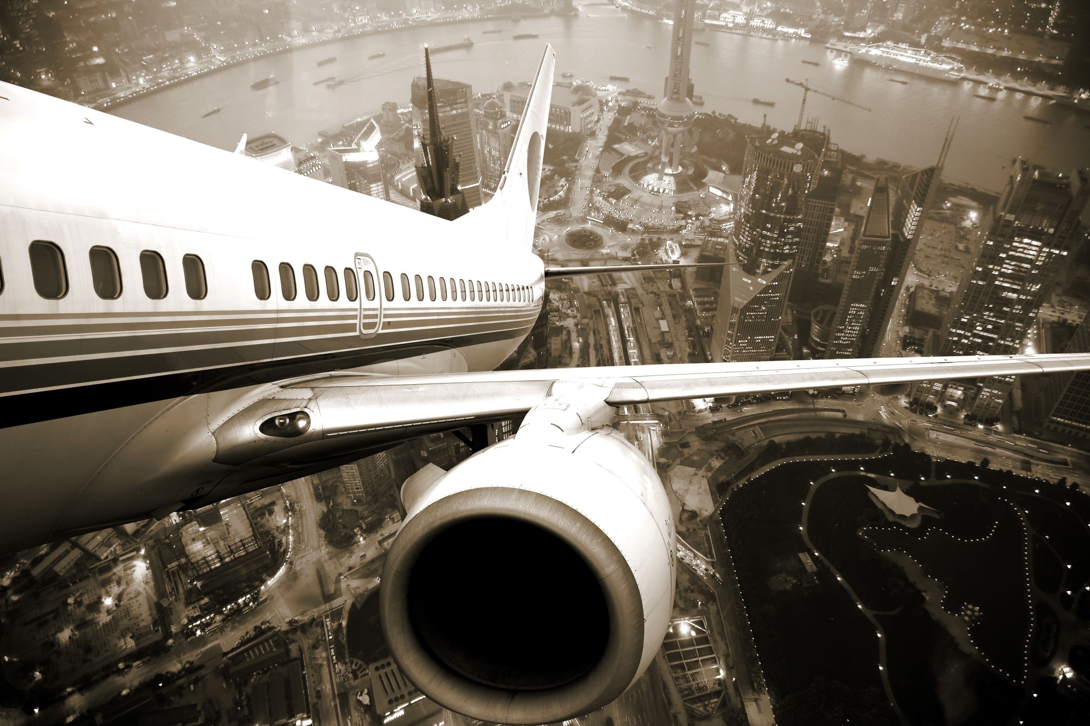 General 3500x2333 flying aircraft sepia aerial view cityscape city airplane vehicle passenger aircraft