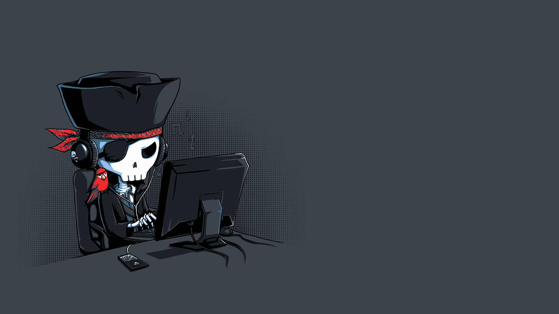 General 1920x1080 pirates computer skeleton minimalism skull hacking simple background gray background eyepatches monitor