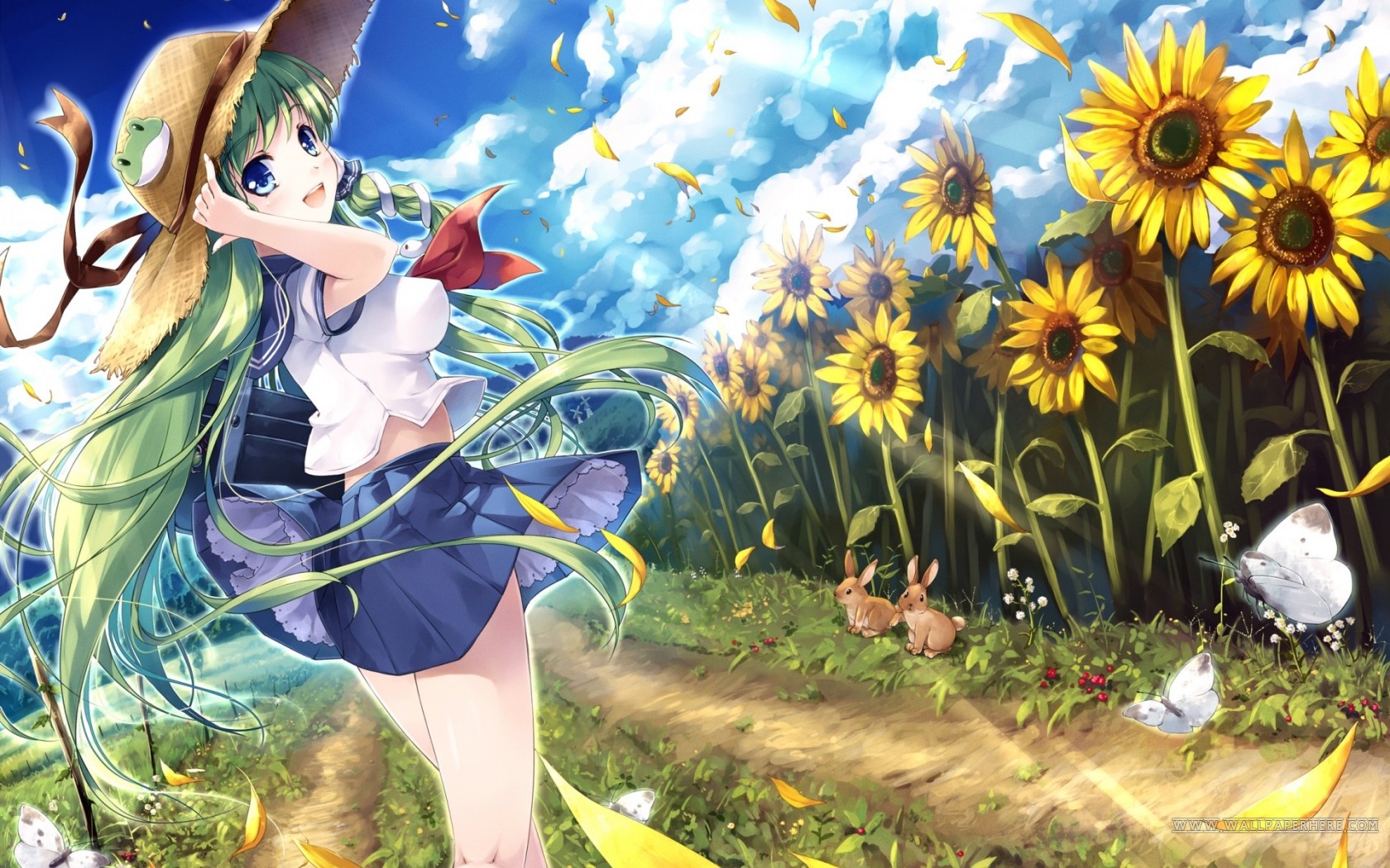 Anime 1680x1050 anime anime girls Touhou Kochiya Sanae sunflowers outdoors green hair hat women with hats plants flowers yellow flowers blue eyes miniskirt open mouth
