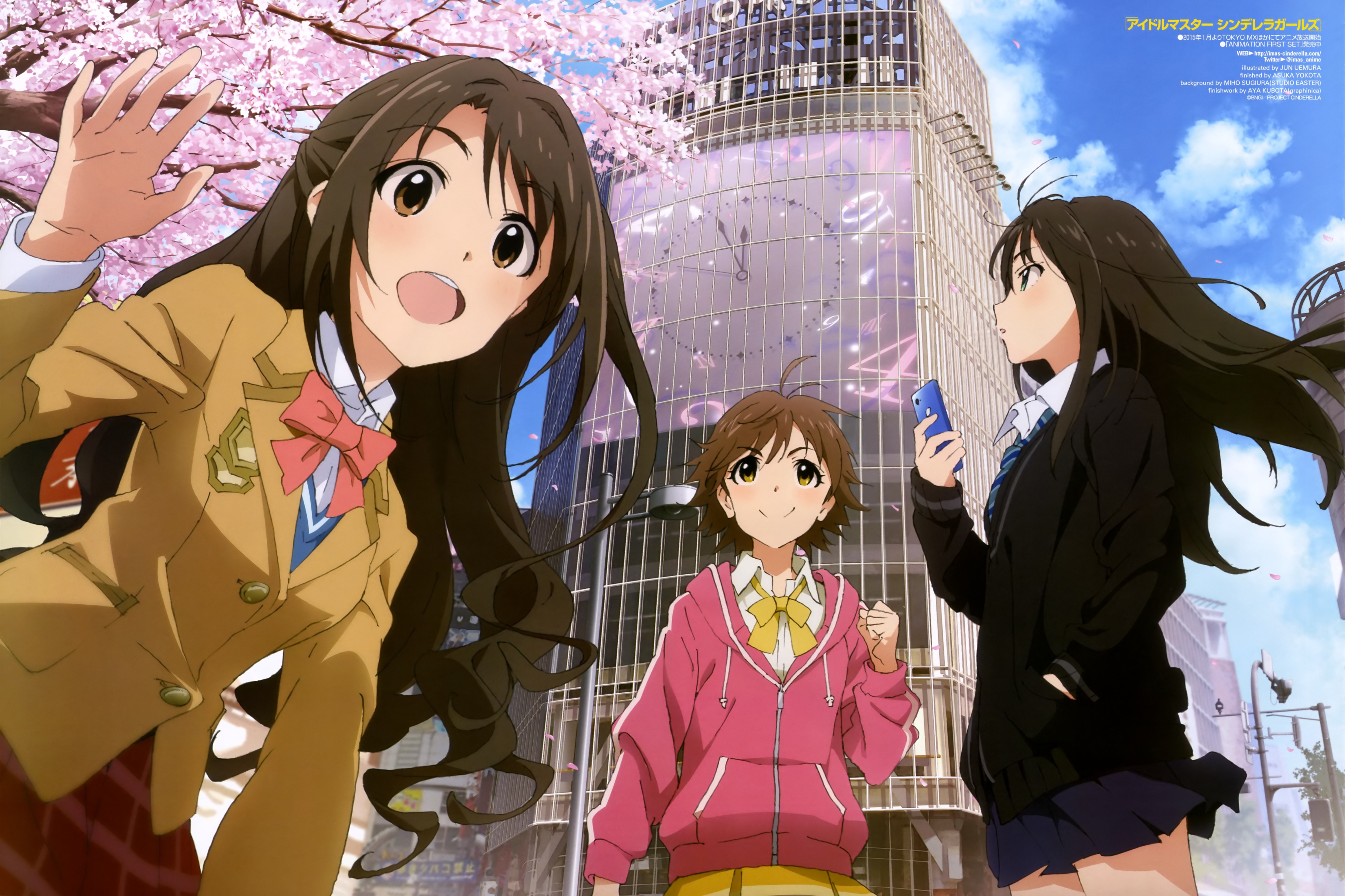 Anime 6112x4073 anime girls anime THE iDOLM@STER Shibuya Rin THE iDOLM@STER: Cinderella Girls women trio cherry blossom urban women outdoors outdoors brunette