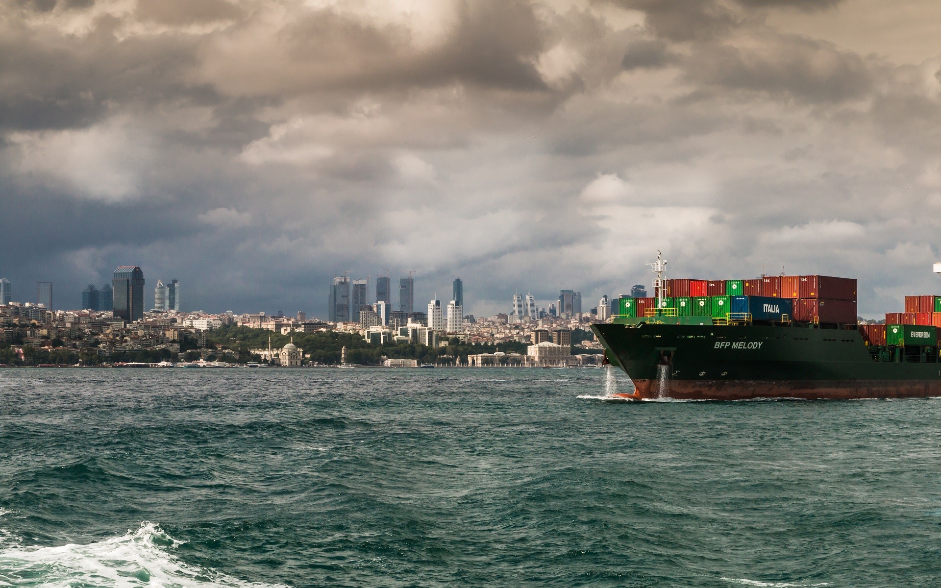 General 1920x1200 Turkey Istanbul city cityscape ship container ship sea clouds waves overcast merchant ship vehicle water