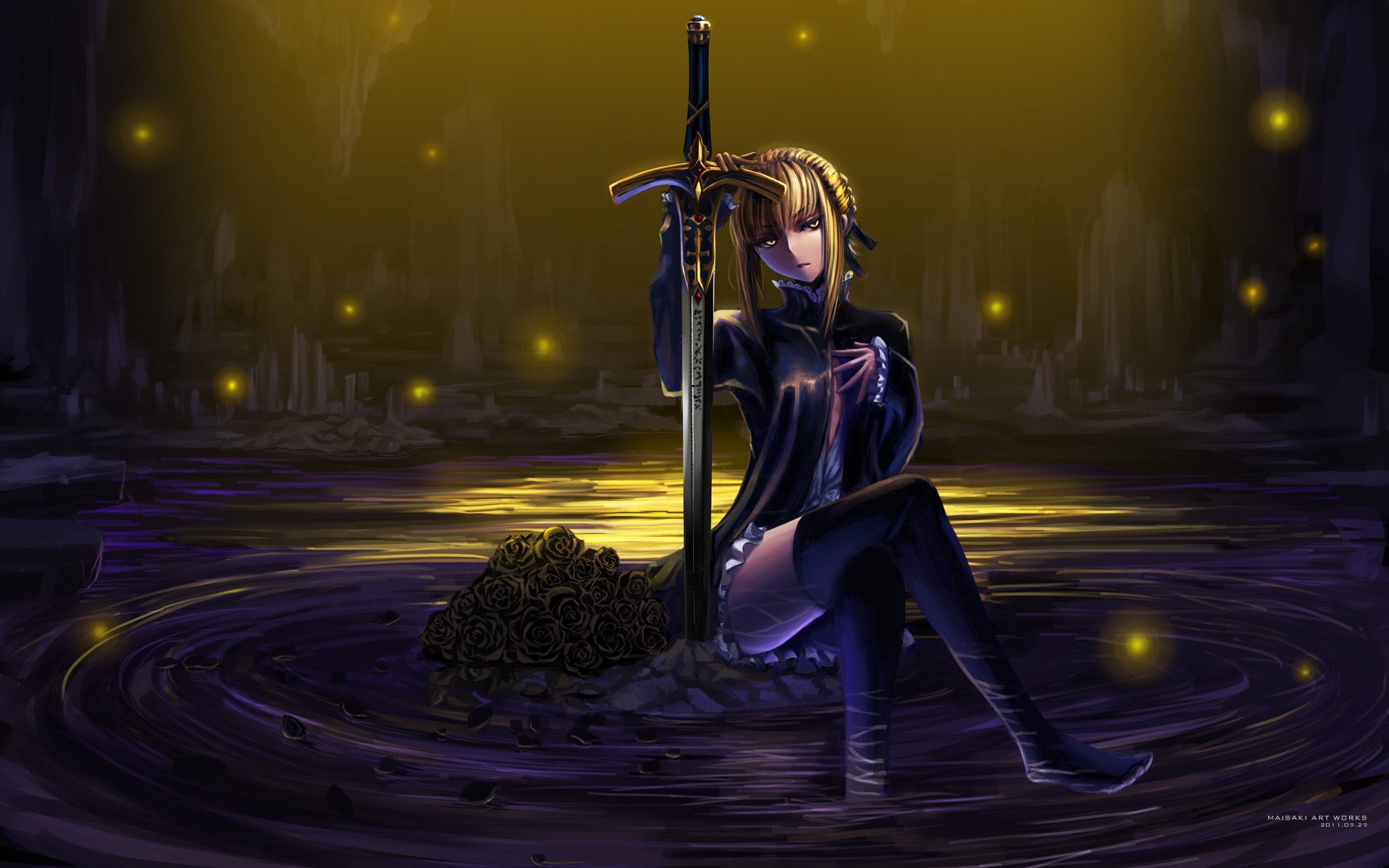 Anime 1920x1200 anime anime girls Fate/Stay Night Saber thigh-highs Fate series fantasy girl fantasy art legs crossed women sword weapon looking at viewer stockings blonde women with swords sitting 2011 (Year) Maisaki Artworks