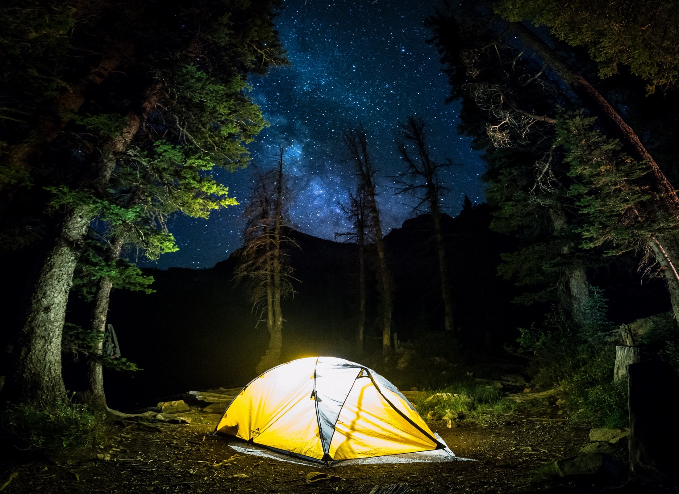 General 2200x1600 nature camping forest starry night Milky Way trees long exposure lights mountains shrubs blue yellow