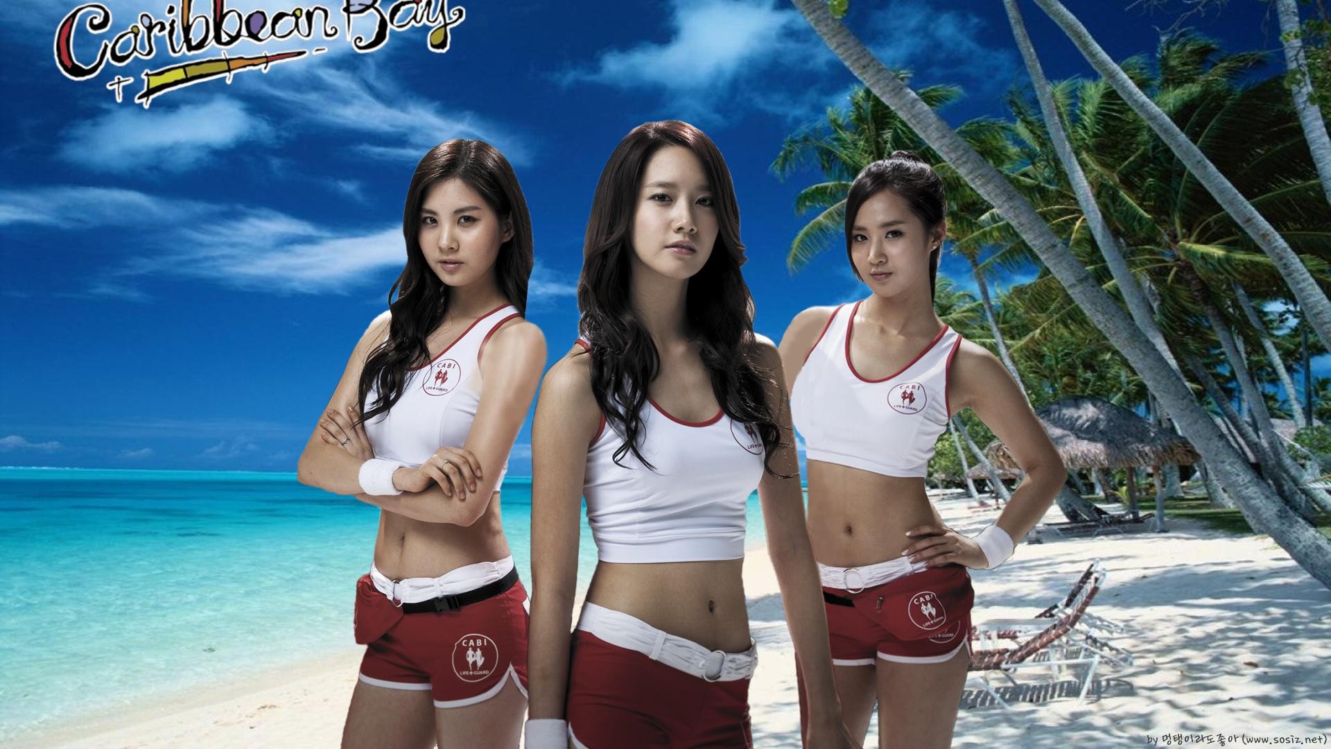 People 1920x1080 Asian SNSD Girls' Generation musician singer Seohyun Yoona Kwon Yuri beach sand Korean women looking at viewer group of women belly dark hair pants women trio standing