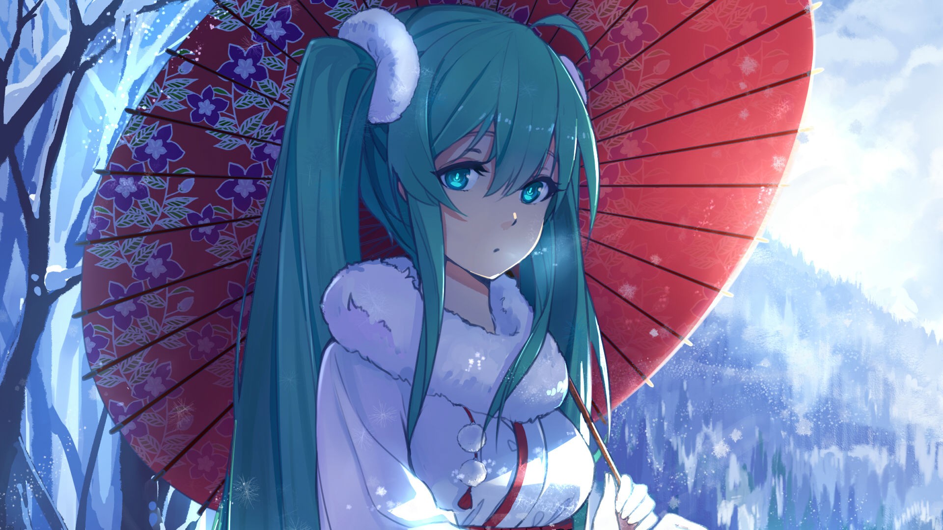 Anime 1920x1080 Hatsune Miku kimono twintails bangs green eyes teal hair Vocaloid anime girls Japanese umbrella long hair forest women with umbrella umbrella looking at viewer winter snow cold