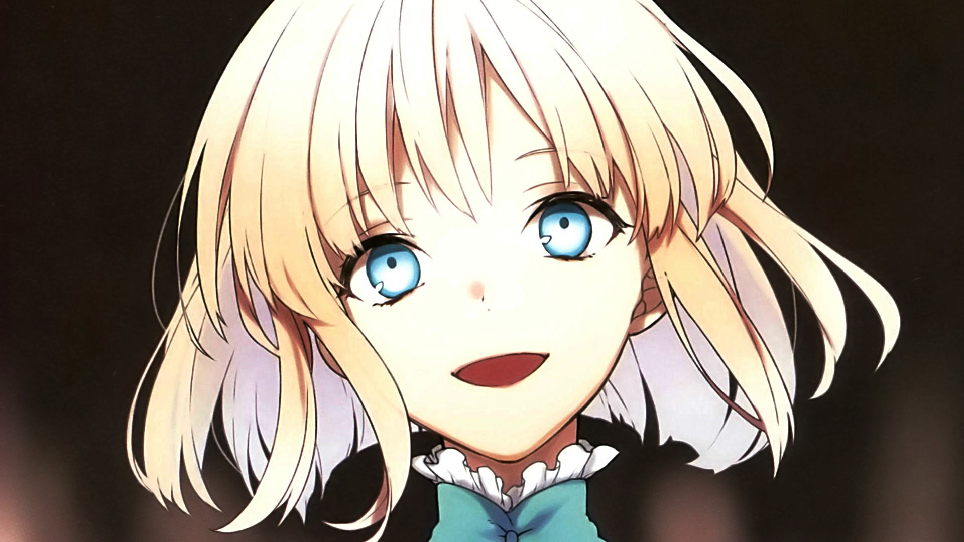Anime 1920x1080 Fate series blonde short hair blue eyes smiling anime girls solo bangs open mouth Fate/Prototype closeup face simple background