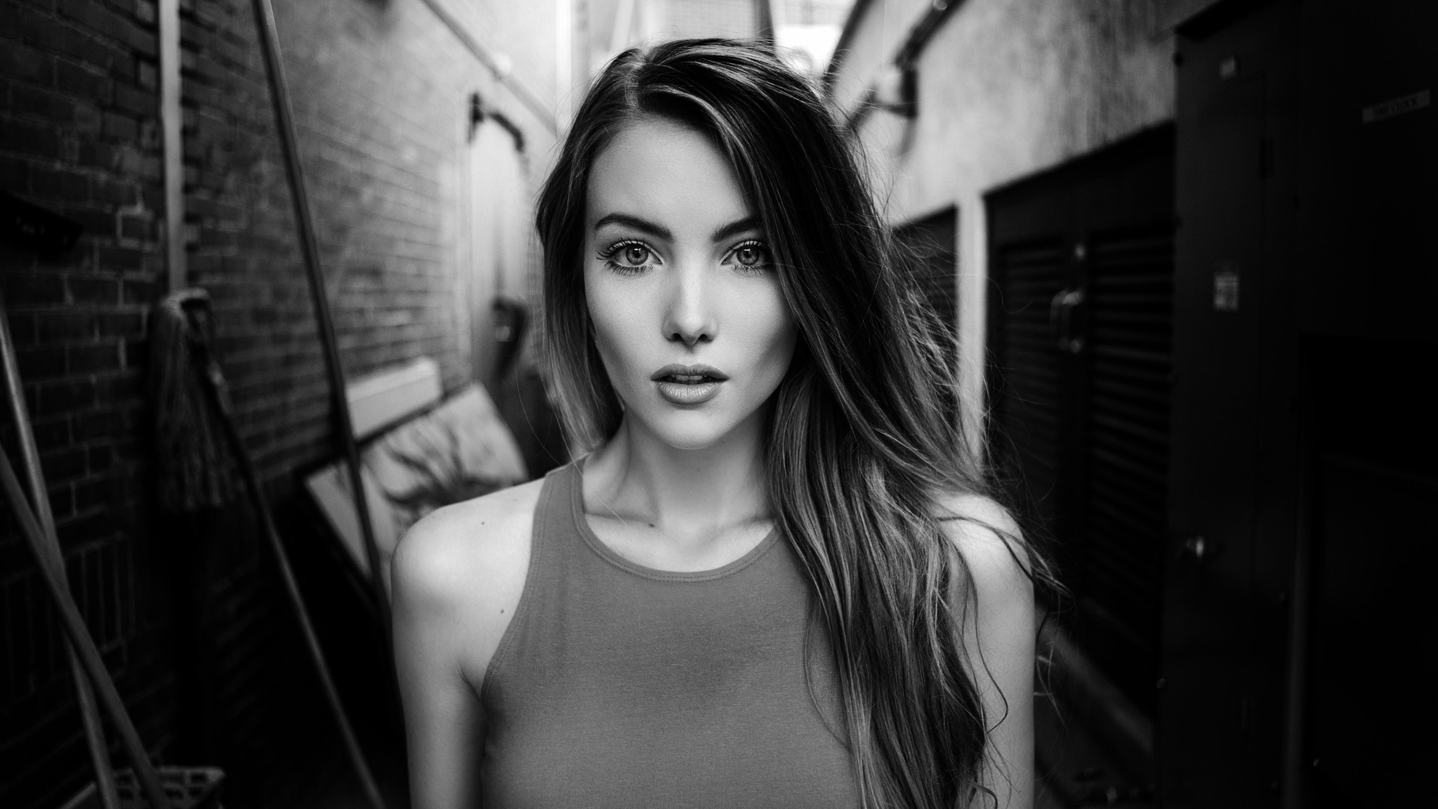People 2048x1152 women April Slough tank top long hair straight hair monochrome women outdoors model eyebrows Robert Stebler looking at viewer parted lips
