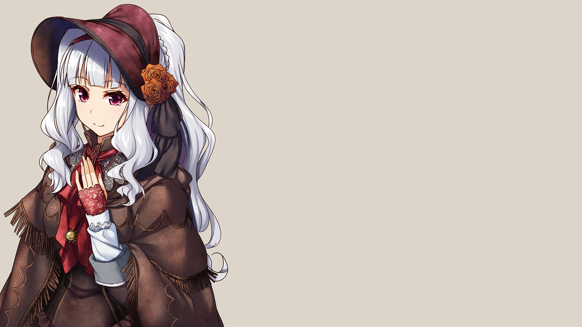 Anime 1920x1080 anime anime girls simple background gray background Shijou Takane THE iDOLM@STER crossover Bloodborne ascot bonnet dress cape gauntlets lolita fashion long hair silver hair pink eyes