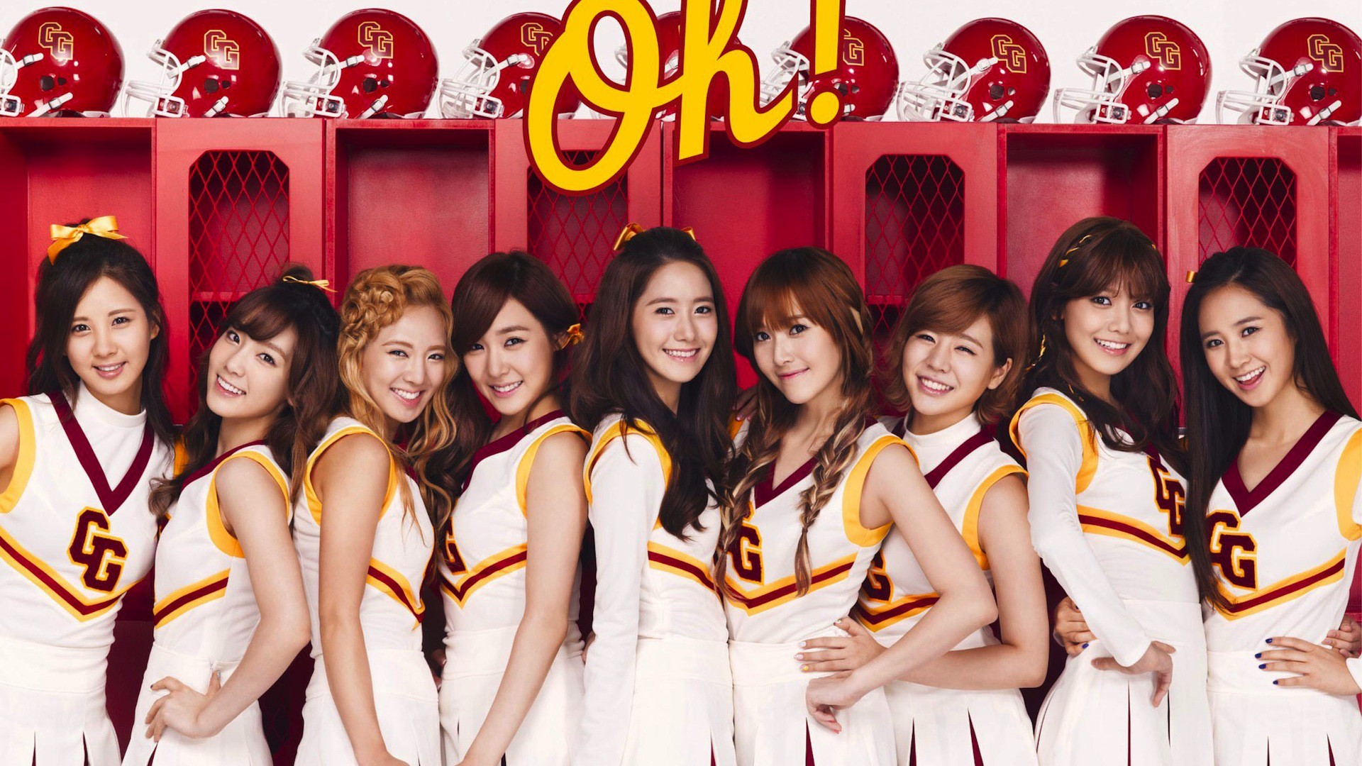 People 1920x1080 SNSD Girls' Generation Asian model musician Korean cheerleaders brunette group of women women smiling looking at viewer helmet blonde dark hair locker room women indoors indoors