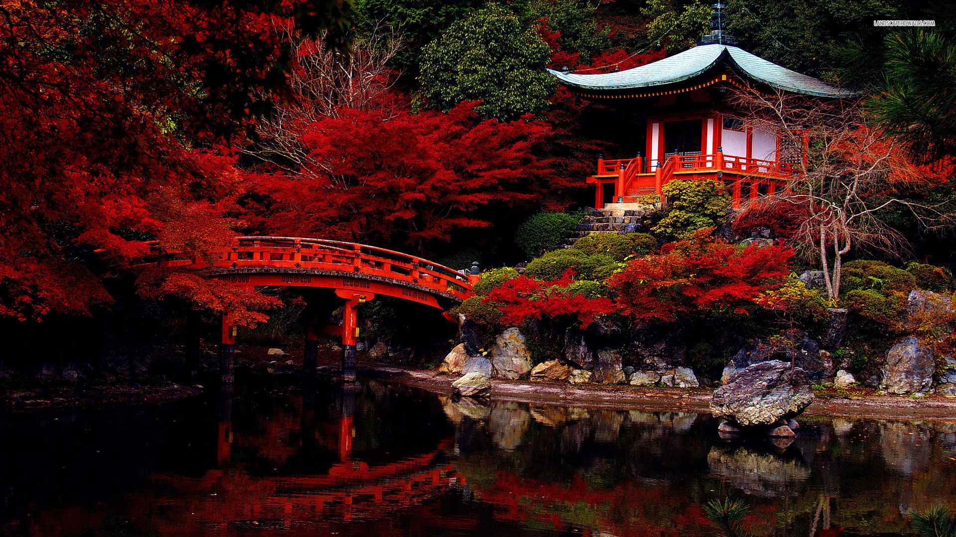 General 1920x1080 temple Japan pavilion red leaves garden bridge plants reflection