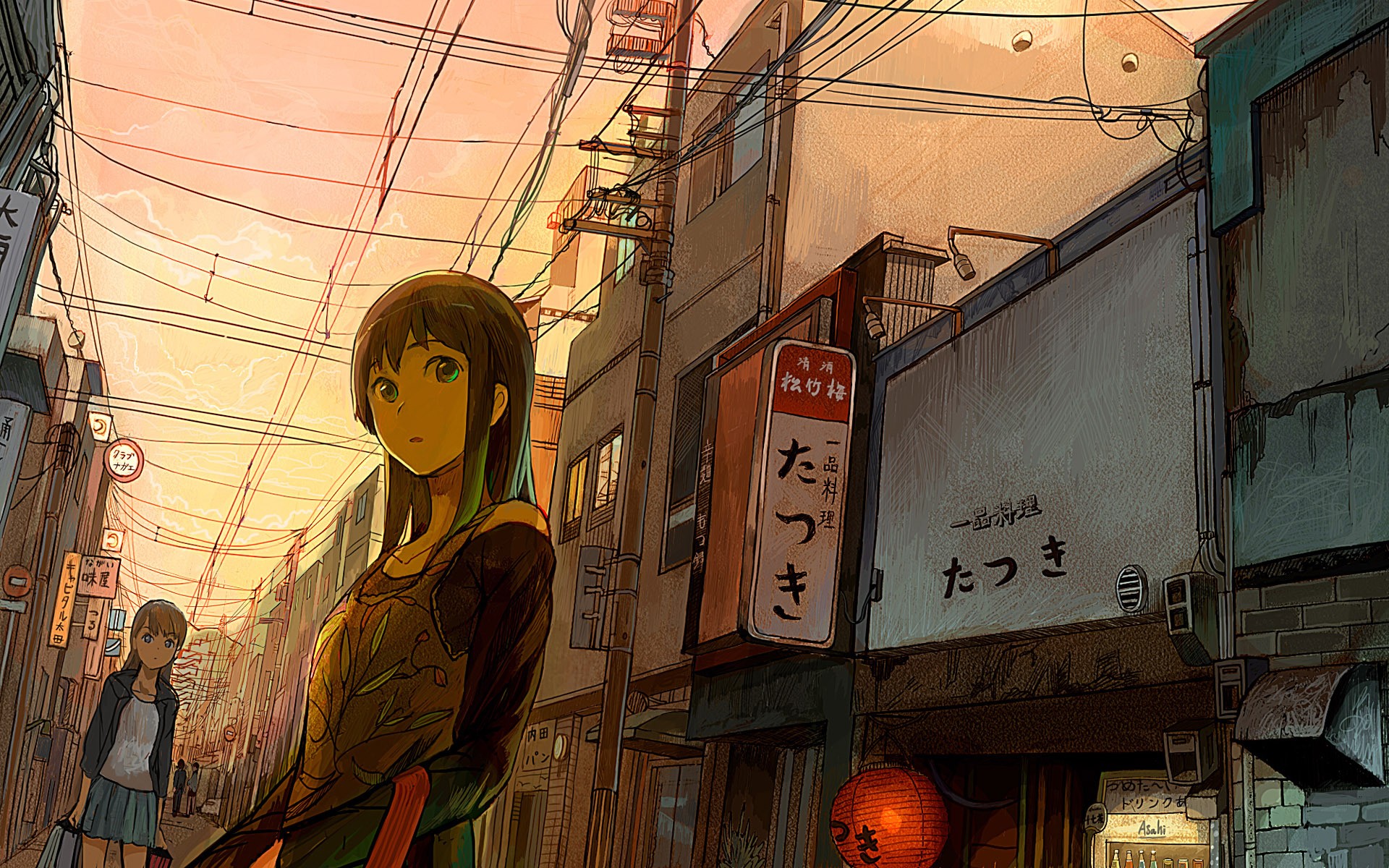 Anime 1920x1200 anime girls urban Asia city anime women outdoors street power lines building brunette