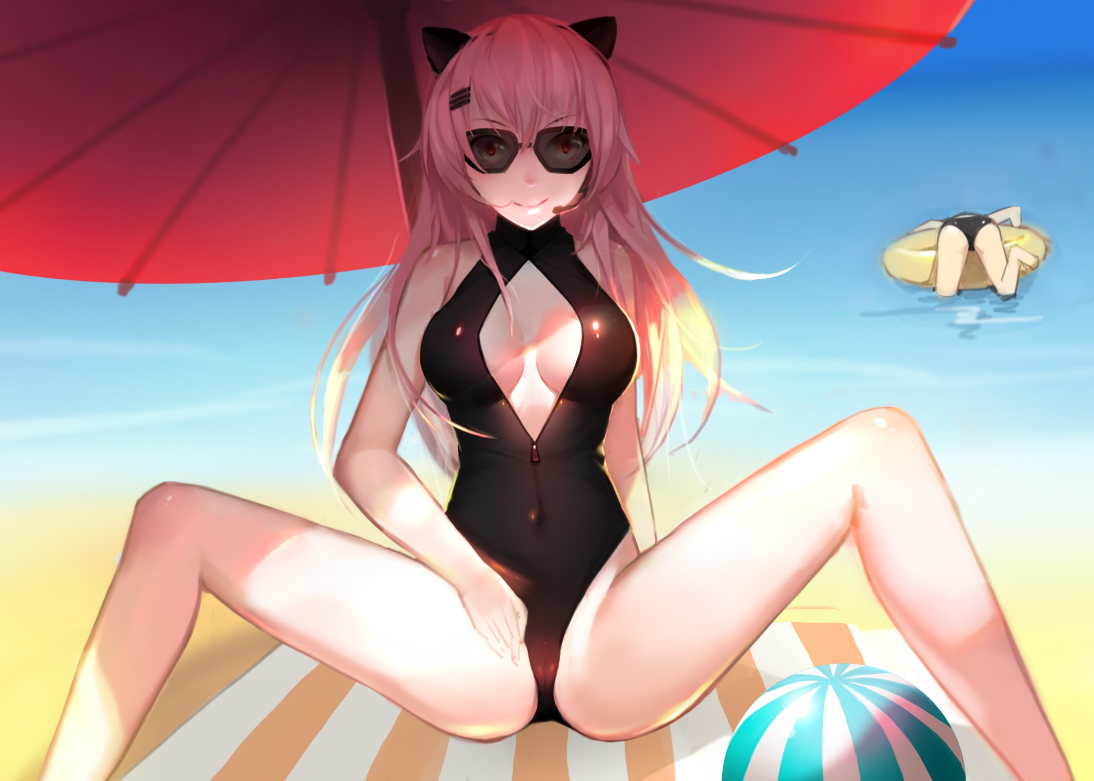 Anime 2240x1600 anime girls legs spread legs anime nero boobs sunglasses women with shades pink hair sitting smiling long hair women on beach