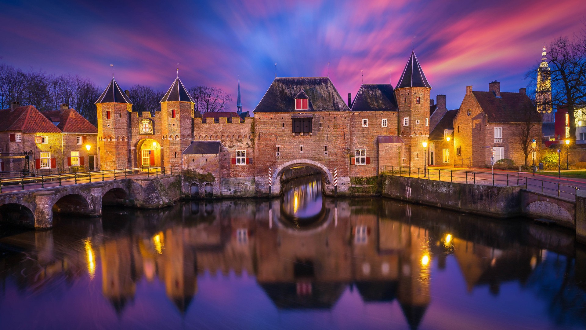 General 1920x1080 architecture castle clouds water reflection long exposure lights tower sunset bridge Netherlands Europe