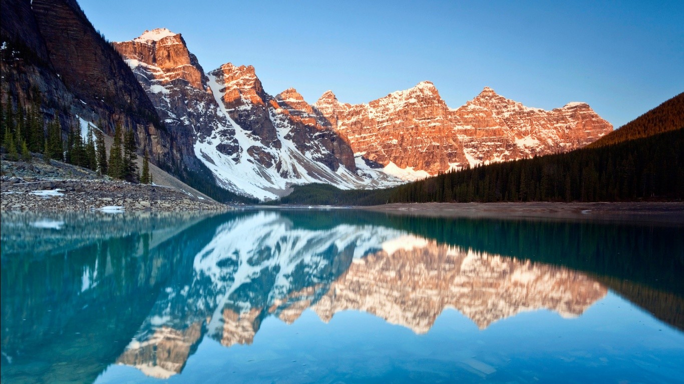 General 1366x768 reflection Banff National Park mountains Moraine Lake nature Alberta Canada lake calm waters
