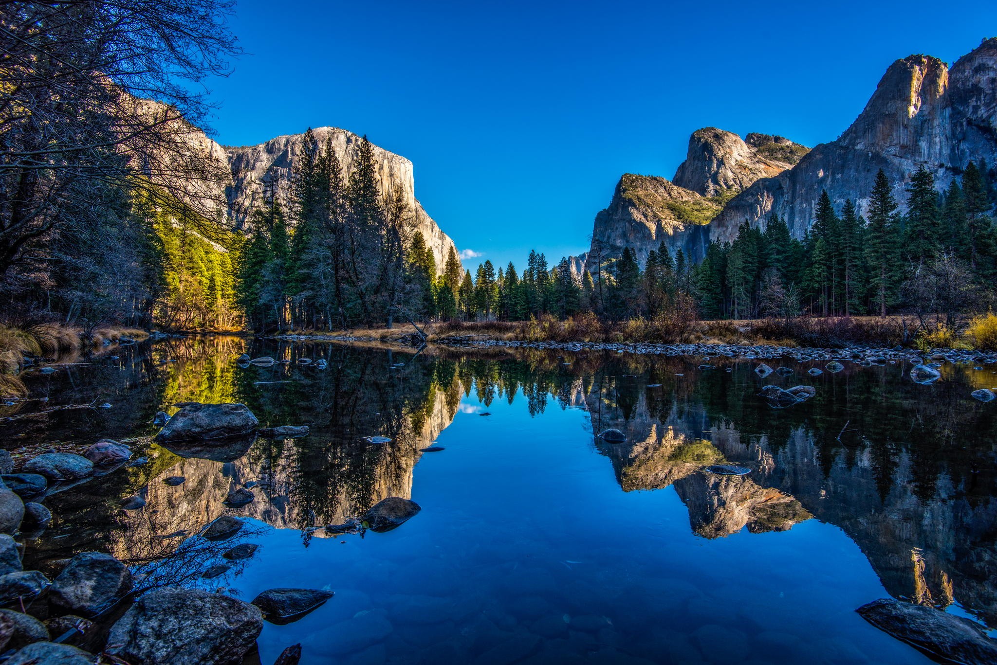 General 2048x1367 river Yosemite National Park nature landscape reflection cliff forest mountains water blue USA California