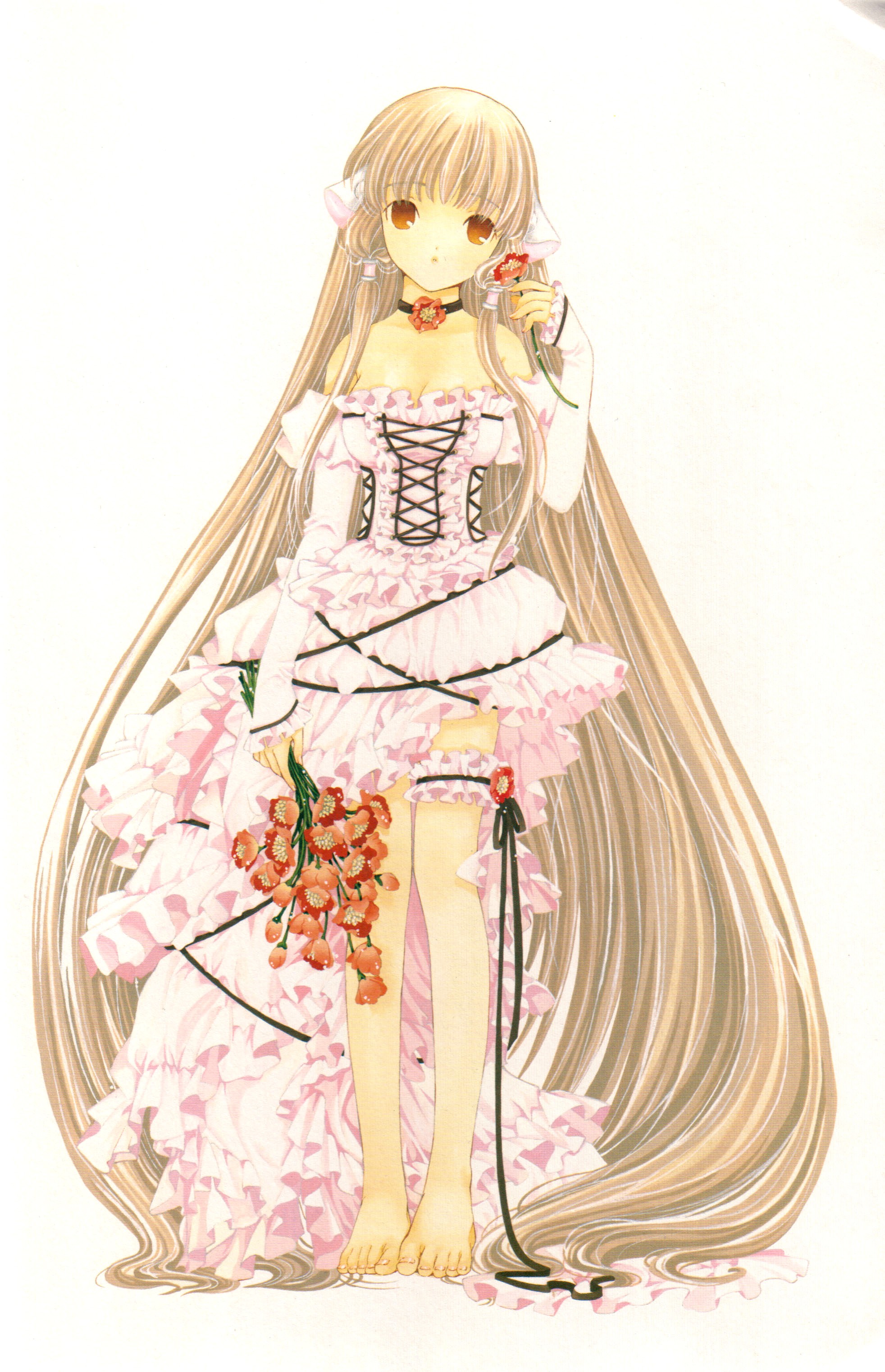 Anime 1964x3044 Chobits anime anime girls simple background dress barefoot long hair flowers