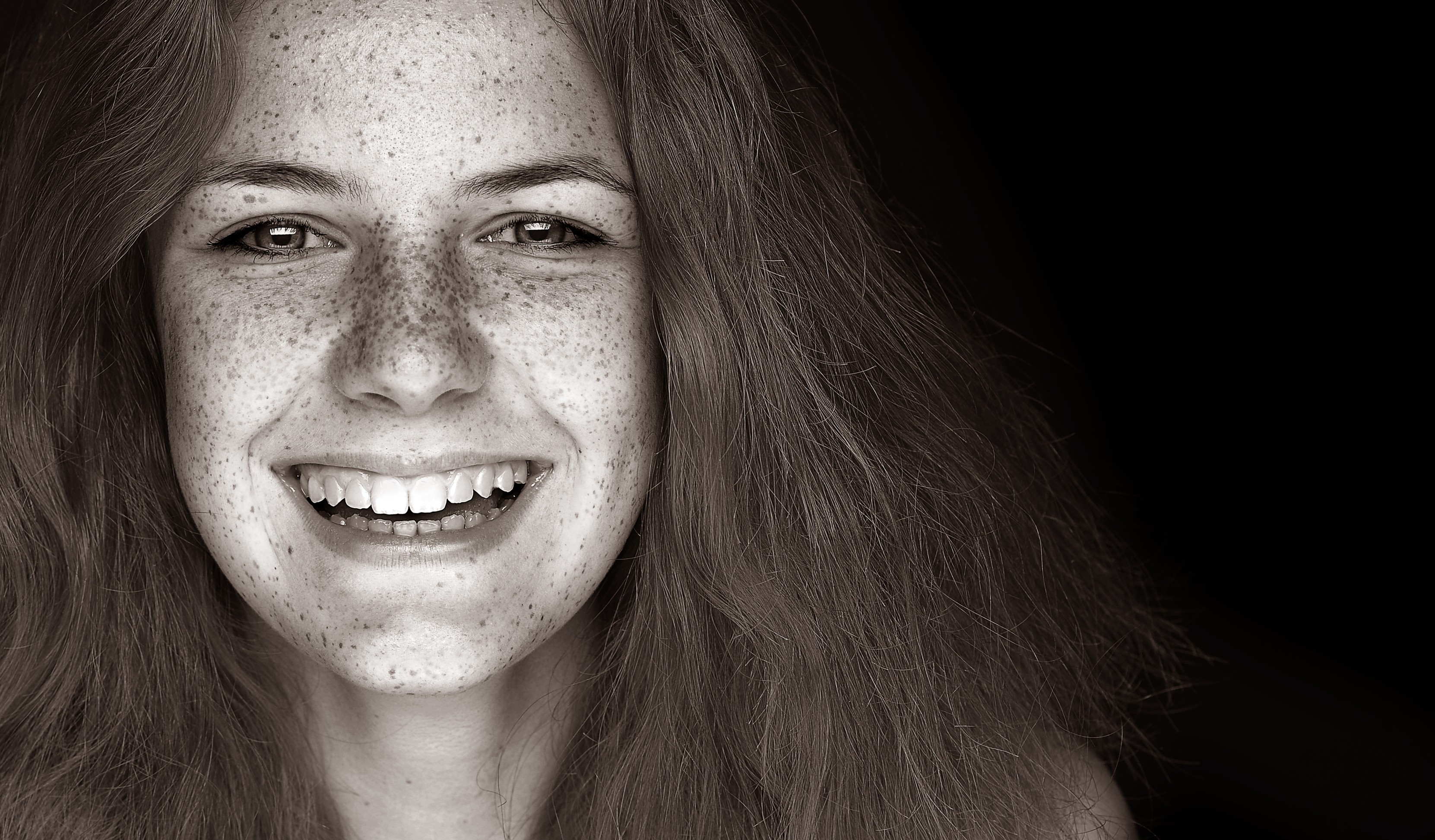 People 3323x1946 women freckles model face sepia smiling teeth closeup black background simple background open mouth women indoors studio