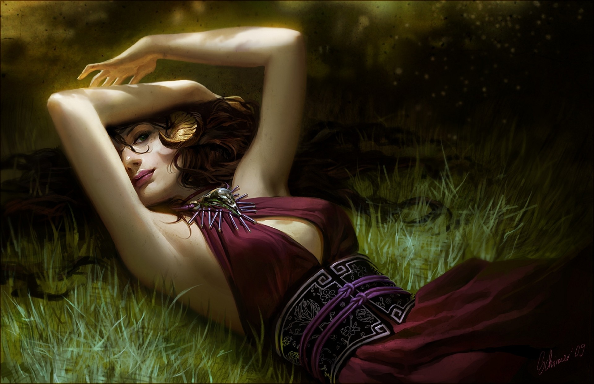 General 1920x1243 women artwork fantasy girl arms grass fantasy art armpits red dress dress red clothing lying on back pink lipstick looking at viewer