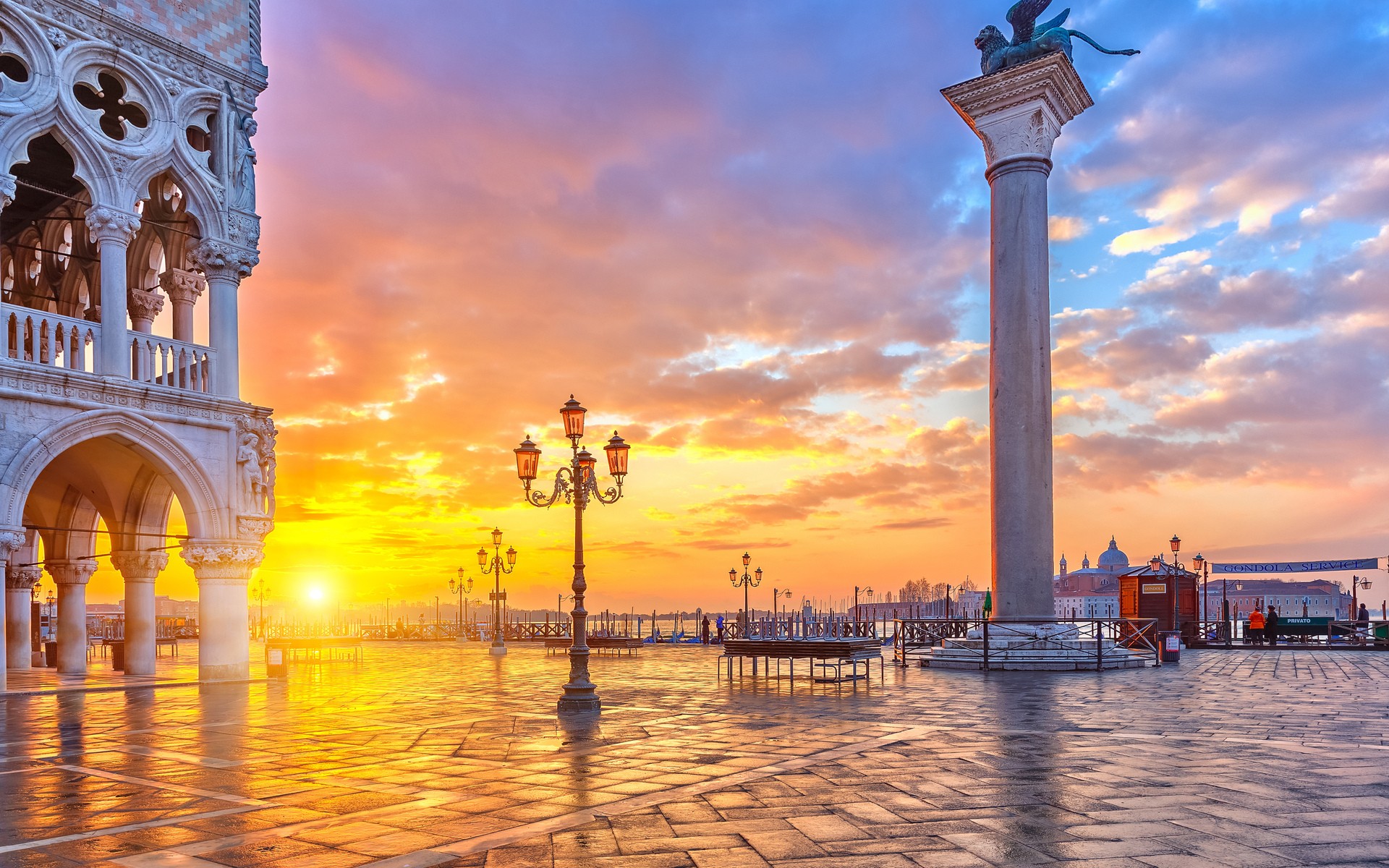 General 1920x1200 city Venice sunset monuments street light town square Italy sunlight clouds