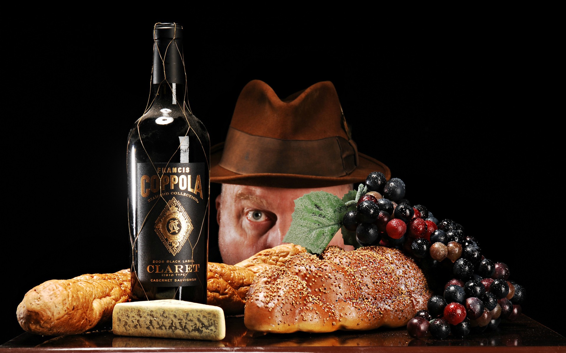 General 1920x1200 food lunch men bread grapes cheese Black Grapes hat simple background bottles peeking