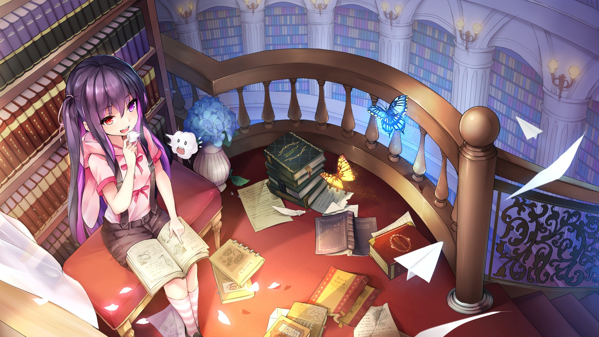 Anime 1920x1080 anime girls books twintails original characters purple hair heterochromia sitting butterfly animals insect library women indoors
