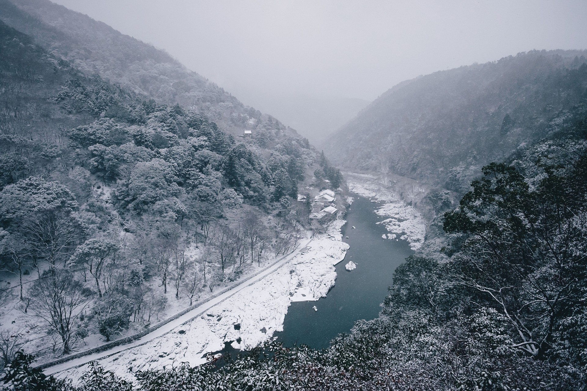 General 1920x1280 nature landscape river winter mountains forest snow trees mist Japan Asia