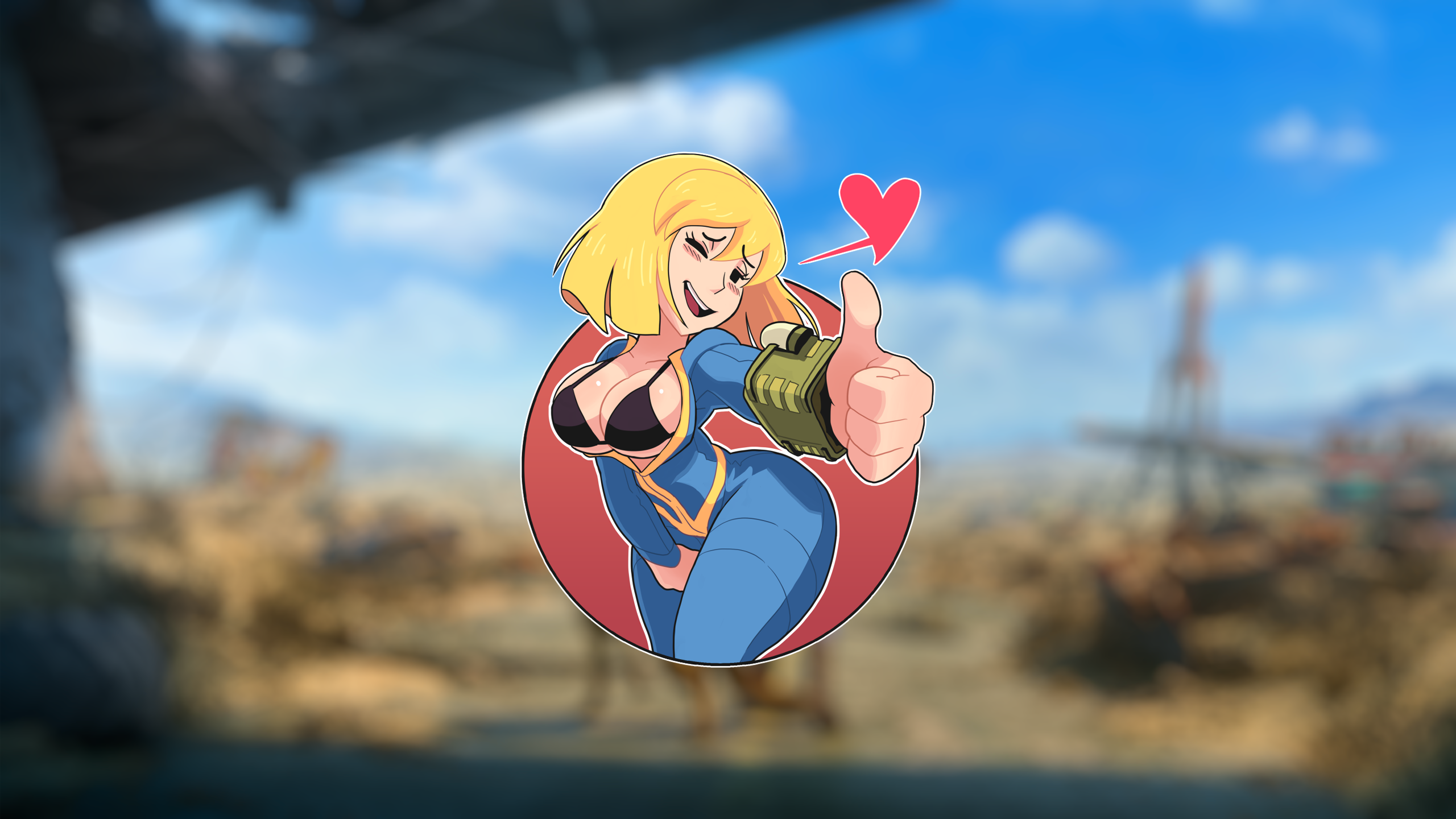 cleavage, Shadbase, big boobs, blonde, smiling, boobs, Fallout, Fallout 4,  vault girl, heart (design), video games, PC gaming