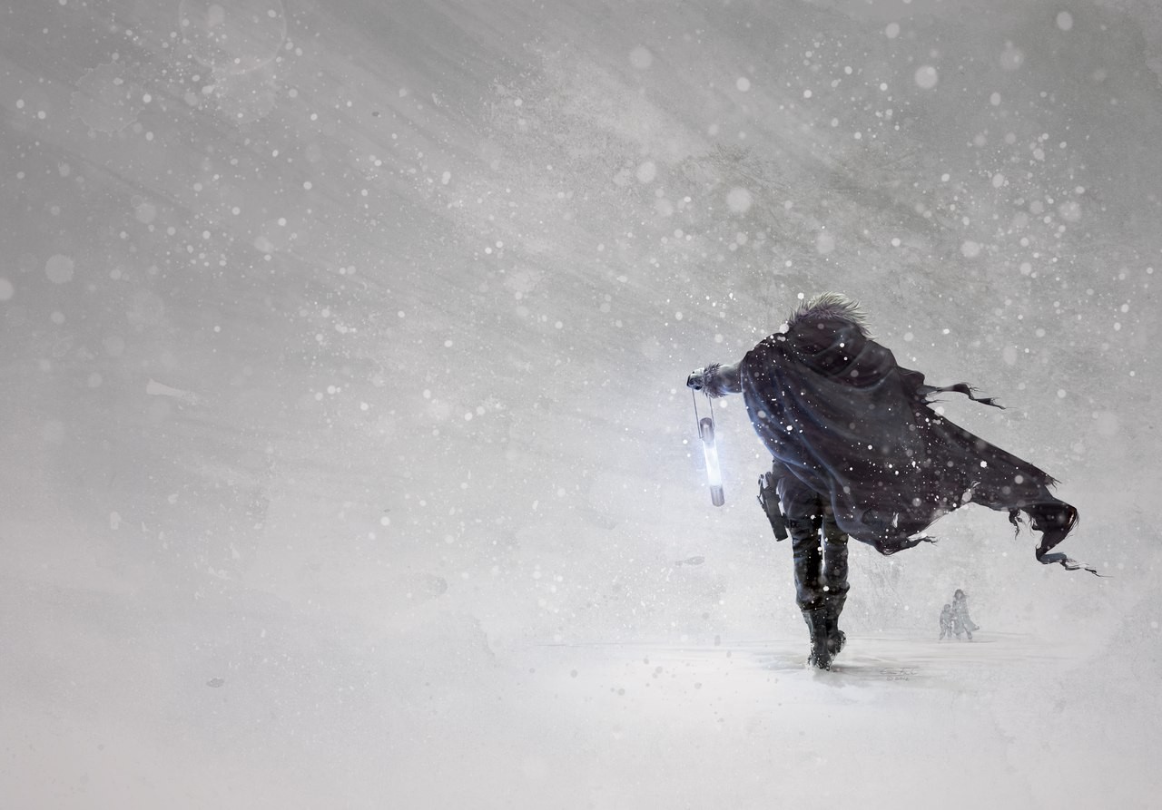 Anime 1280x893 fantasy art snow storm winter gray snowing windy artwork