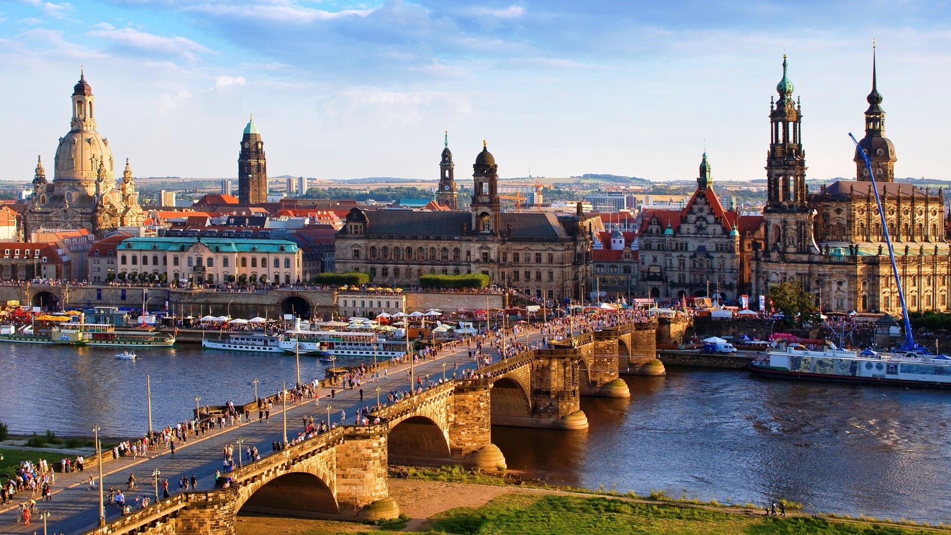 General 1920x1080 architecture city cityscape trees building Dresden Germany bridge old bridge old building church cathedral tower ship water river crowds clouds