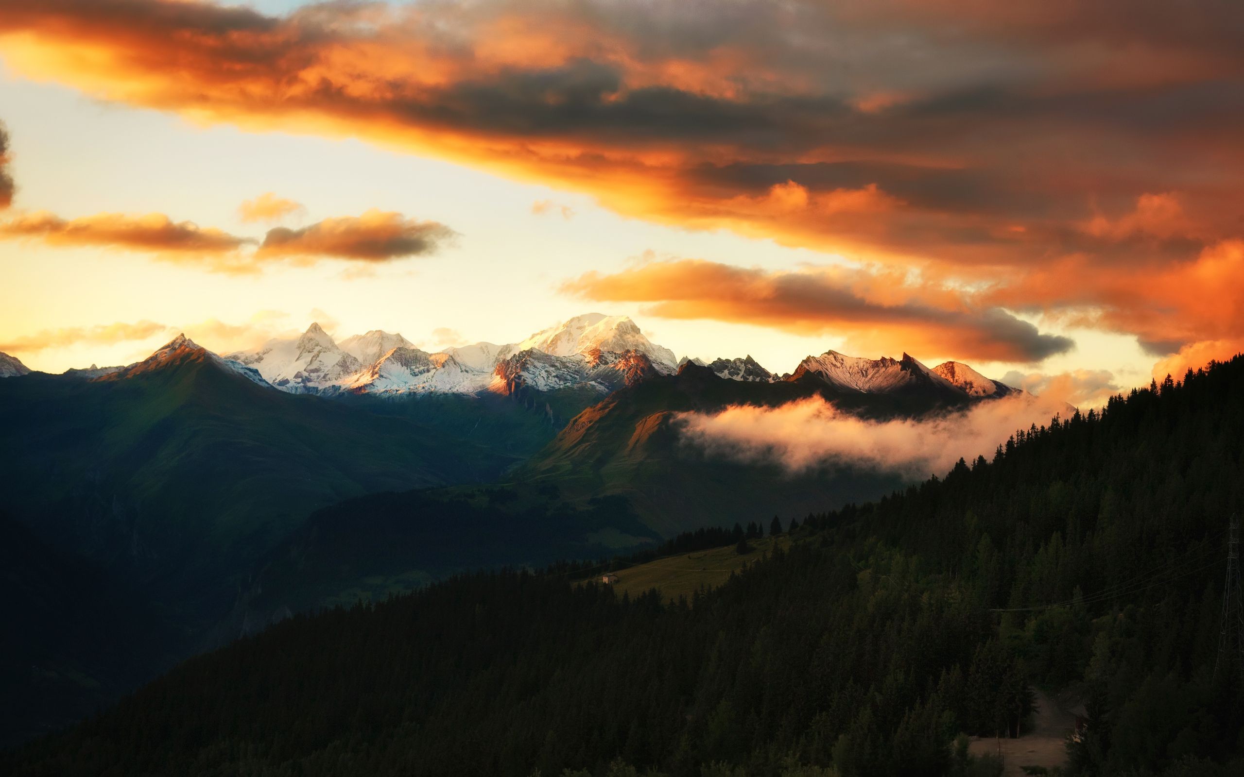 General 2560x1600 nature landscape mountains clouds trees forest sunset sky orange sky snowy peak