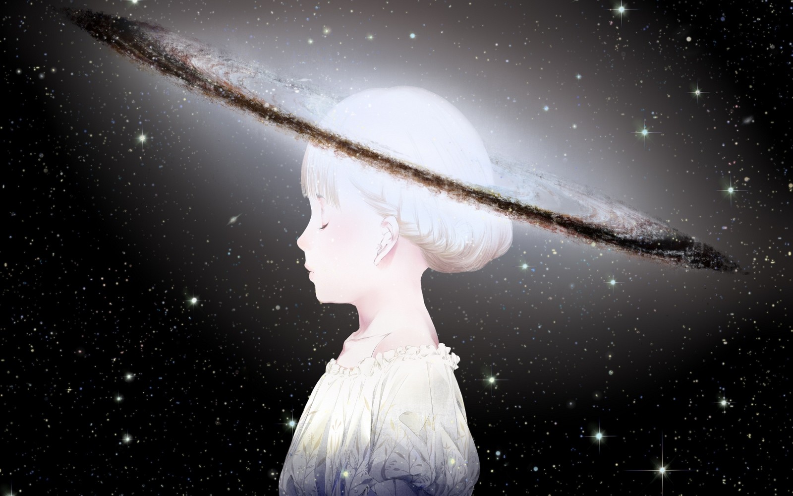 Anime 1600x1000 universe space stars white hair anime space art closed eyes anime girls face profile Sombrero Galaxy galaxy
