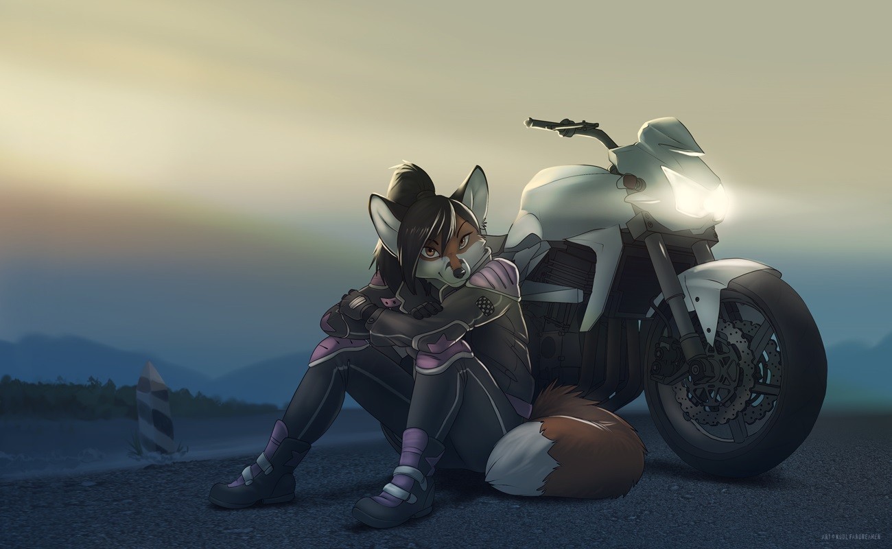 Anime 1300x800 furry Anthro motorcycle sitting