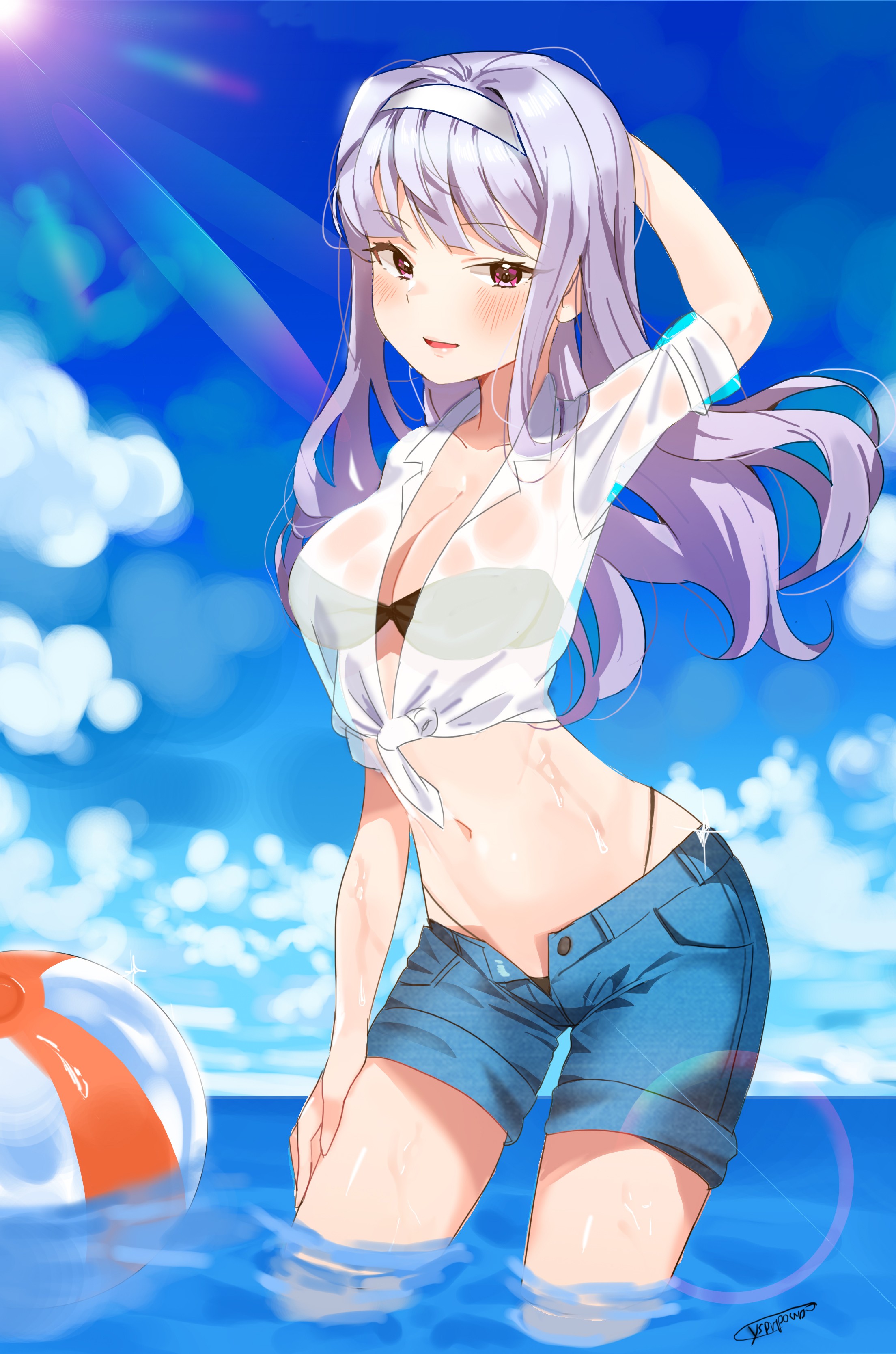 Anime 2208x3334 anime anime girls THE iDOLM@STER Shijou Takane women outdoors in water belly slim body unbuttoned long hair purple hair