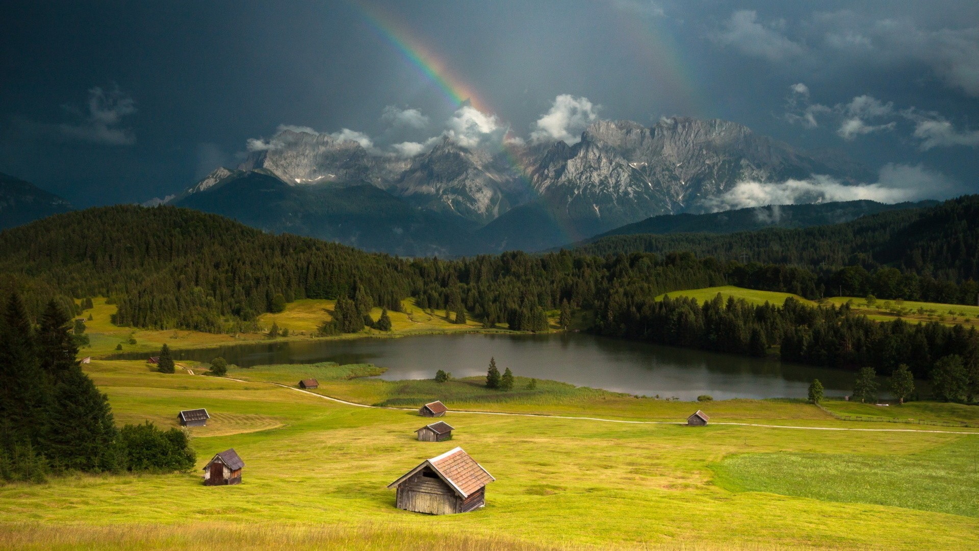 General 1920x1080 rainbows hills forest grass lake clouds sky idyllic hut